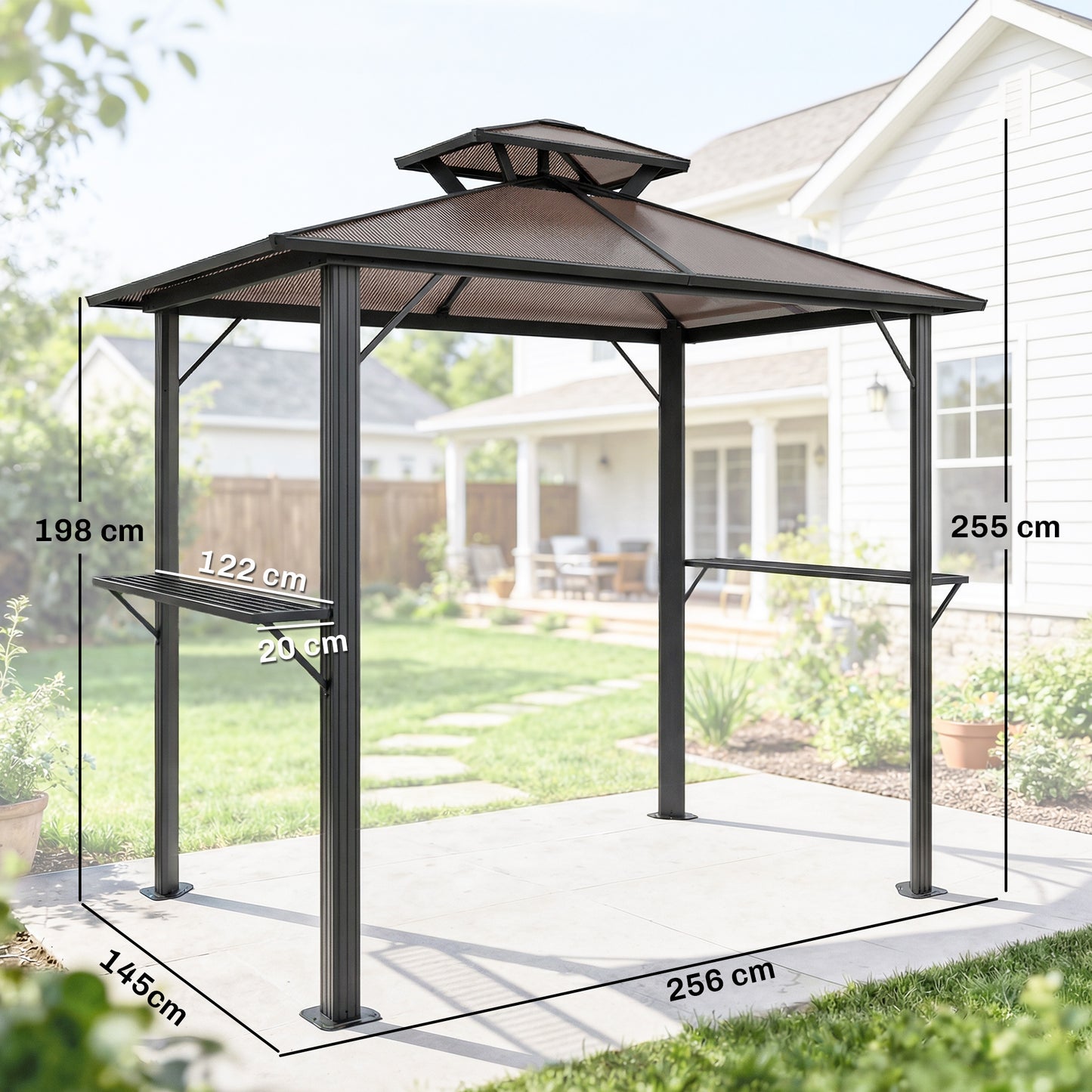Outsunny 2.5 x 1.5 m Hardtop Grill Gazebo with Double Roof, Aluminium Outdoor BBQ Gazebo Shelter with 2 Side Shelves, Brown