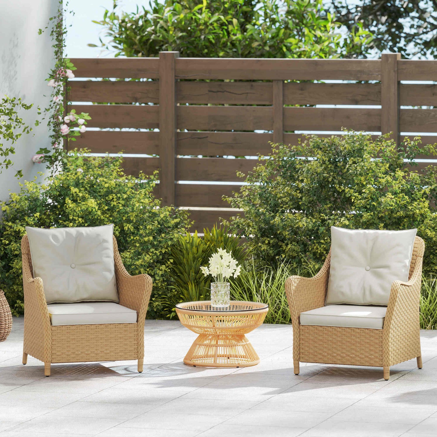 Outsunny Rattan Garden Chairs Set of 2, Outdoor Rattan Chairs with Cushions, Armrests and High Back, PE Wicker Garden Armchair with Steel Frame for Balcony, Porch, Beige