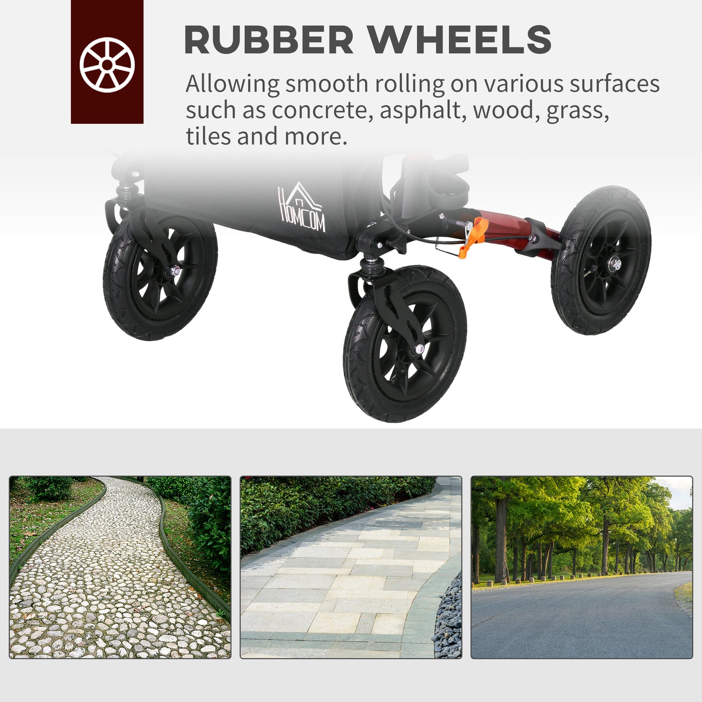 HOMCOM Lightweight Walking Frame, Rubber Wheels, Rollator Walker with Seat and Wheels with Adjustable Handle, Bag, Red