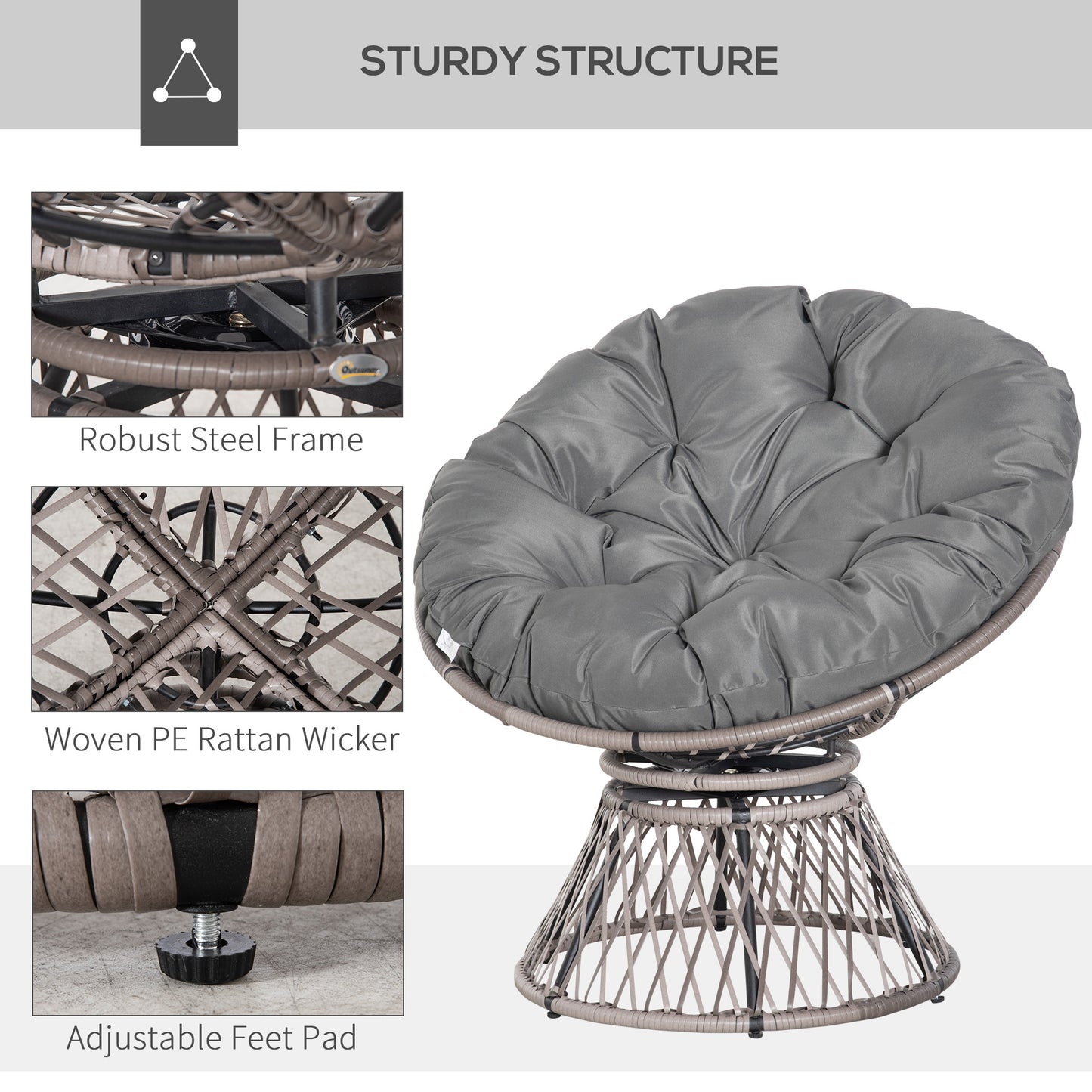 Outsunny 360Â° Swivel Rattan Papasan Moon Bowl Chair Round Lounge Garden Wicker Basket Seat with Padded Cushion Oversized for Outdoor Indoor, Grey