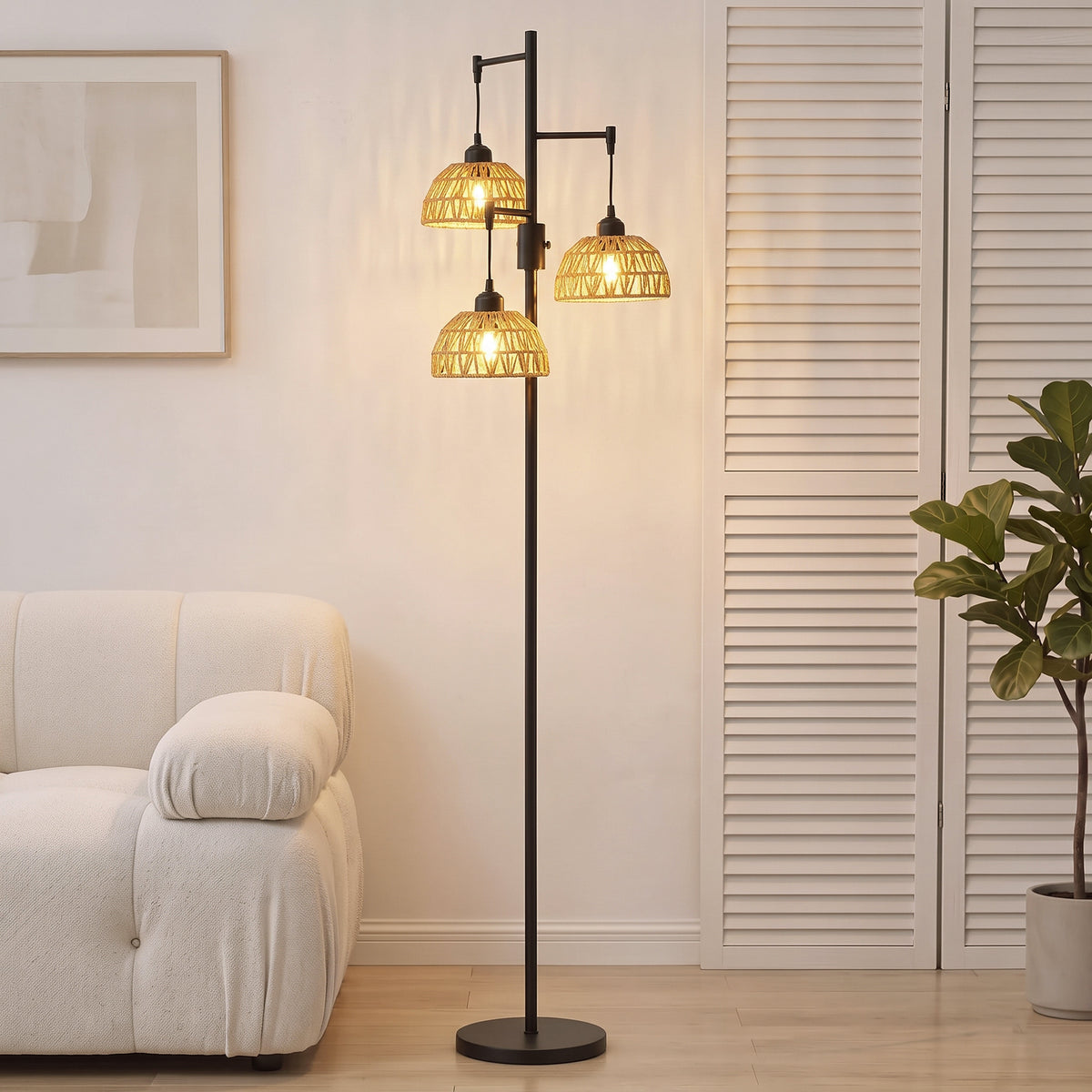 HOMCOM 3-Light Floor Lamp, Standing Lamp with Paper Rope Shades, 4-Stage Rotary Switch for Living Room, Bedroom, Study