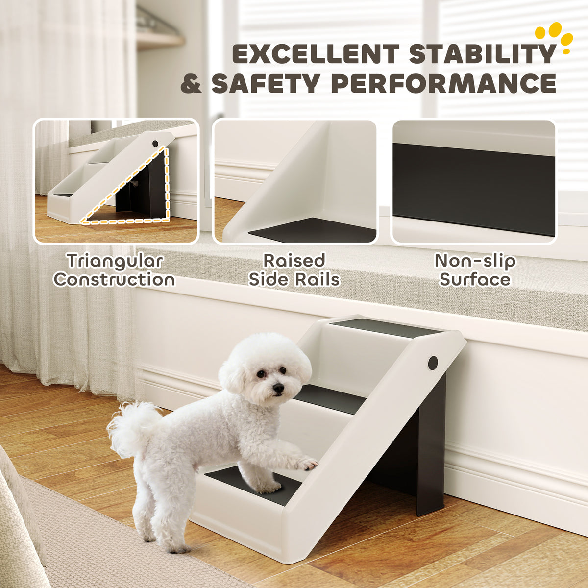 PawHut Foldable Dog Steps, Lightweight Portable Pet Stairs with 3 Non-Slip Steps for Beds or Sofas, Cream White
