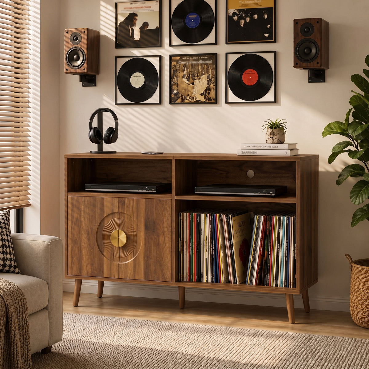 HOMCOM Record Player Stand, Vinyl Record Holder with Storage Holds Up to 300 Albums with Flip-Top Compartment, Walnut