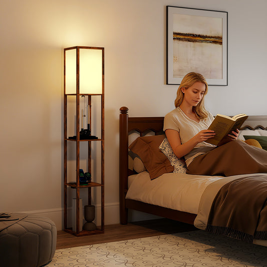 HOMCOM Floor Lamp with Shelves, 4 Layer Standing Lamp with USB Ports, 3 Colour Temperature, Rustic Brown