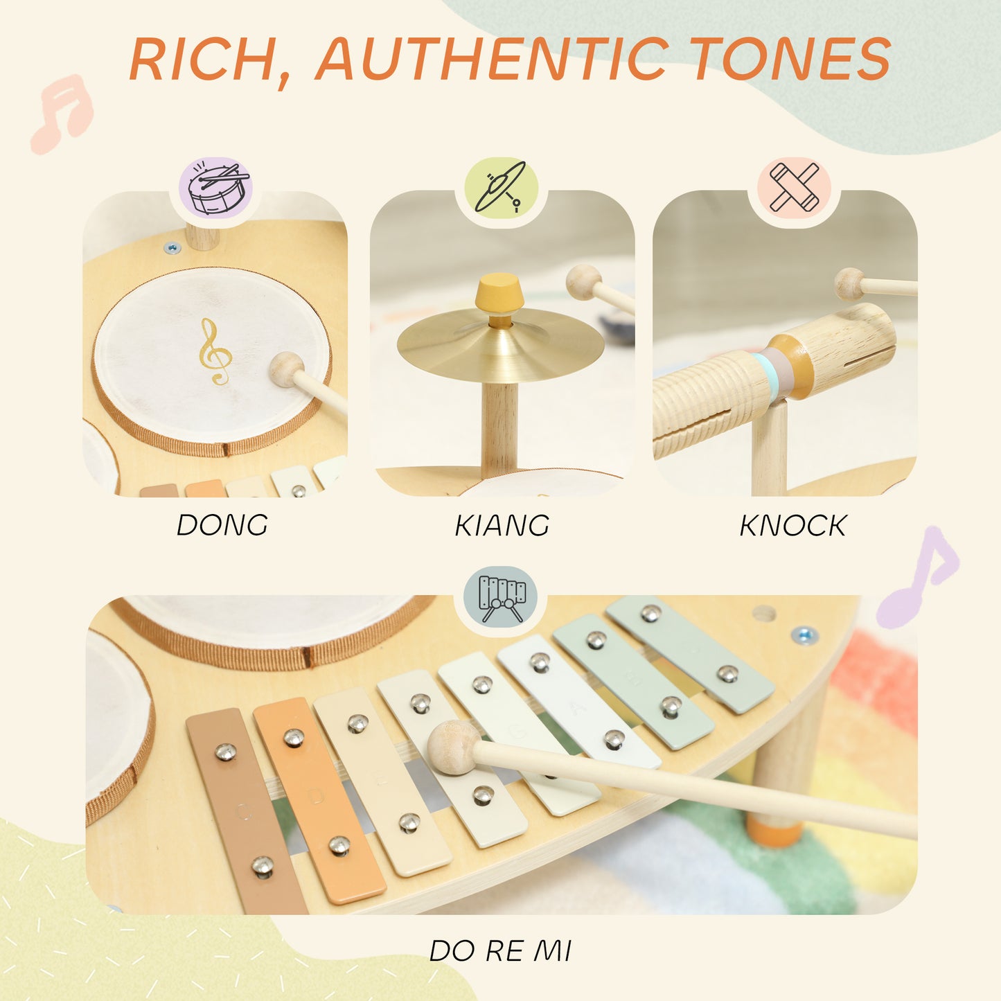 AIYAPLAY Baby Drum Kit, Wooden Kids Musical Instruments with Drums and Xylophone, Gifts for Girls Boys Birthday, Natural