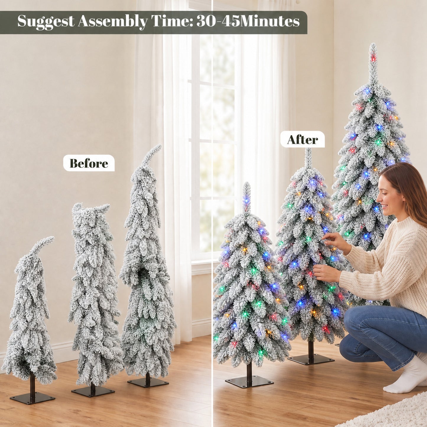 HOMCOM Artificial Christmas Tree Set of 3, Snowy Pre-Lit Christmas Tree with PVC Branch Tips, 90/120/150 cm, Green White