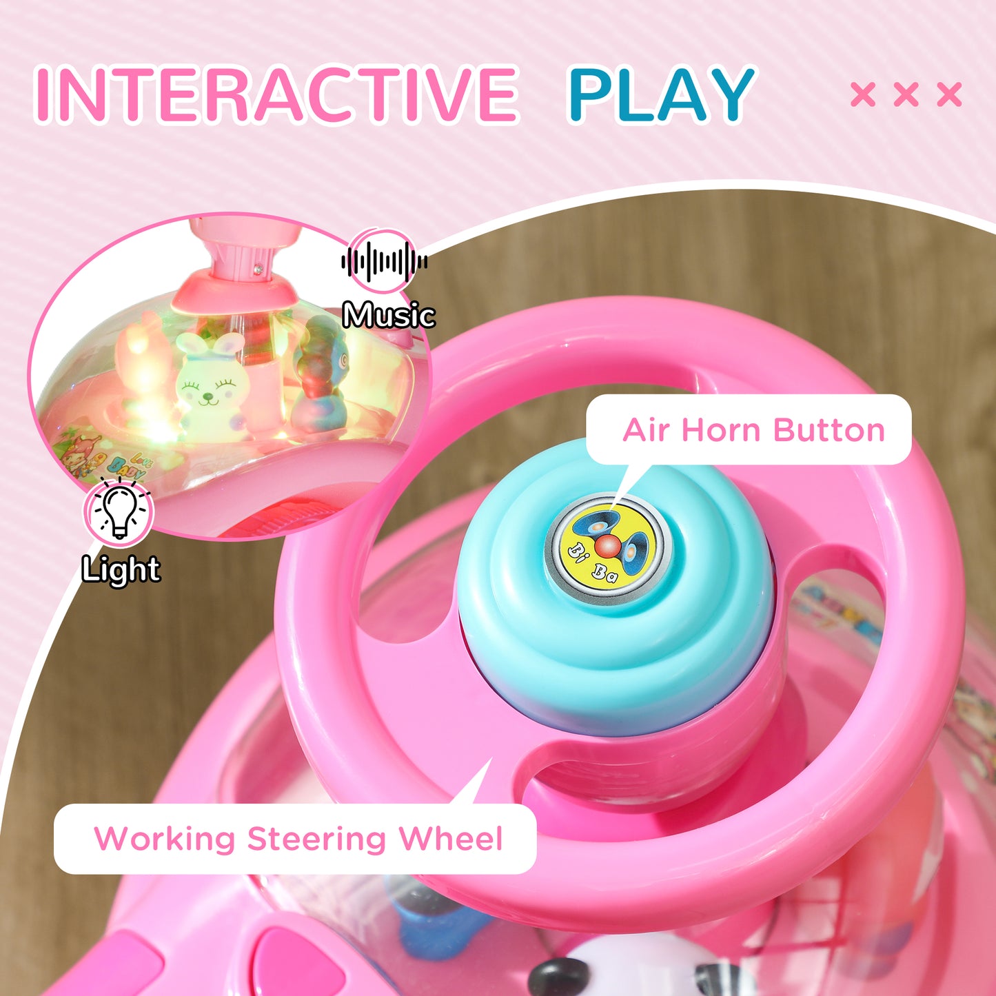 AIYAPLAY Foot to Floor toddler Ride on Toy w/ Music, Light, Horn, Under Seat Storage, Anti-Over-Backwards Device, Pink