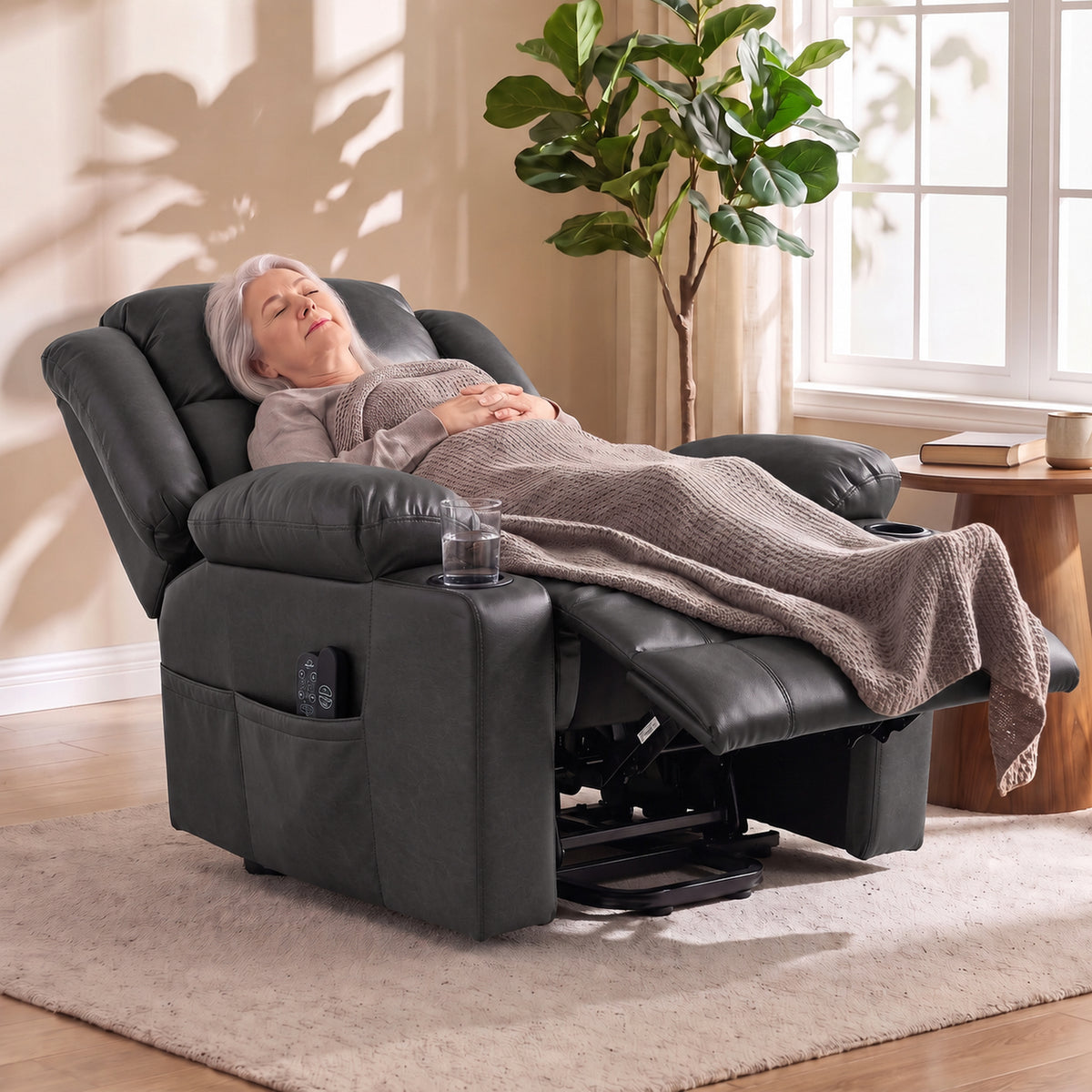 HOMCOM Riser Recliner Chair with Massage and Heat for Elderly, PU Leather Power Electric Lift Armchair, Cup Holders, Dark Grey