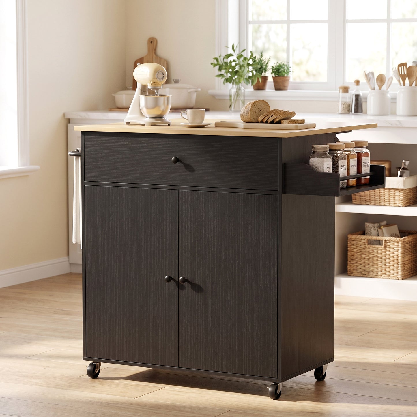 HOMCOM Kitchen Island with Drop Leaf, Rolling Kitchen Storage Trolley on Wheels with Drawer, Spice Rack and Towel Rack, Black