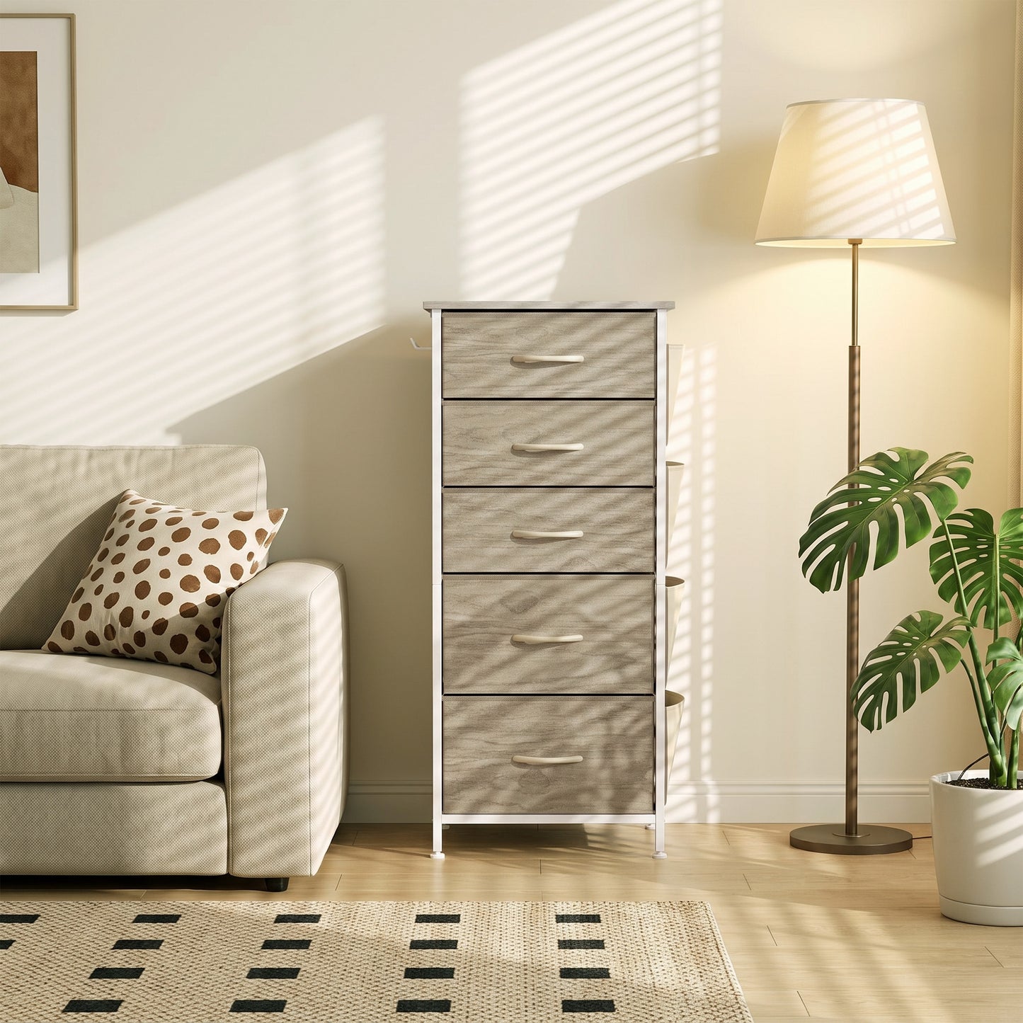 HOMCOM Chest of Drawers, Dresser with 5 Fabric Drawers, Tall Storage Unit with 4 Pockets and 2 Hooks Steel Frame, Natural Wood
