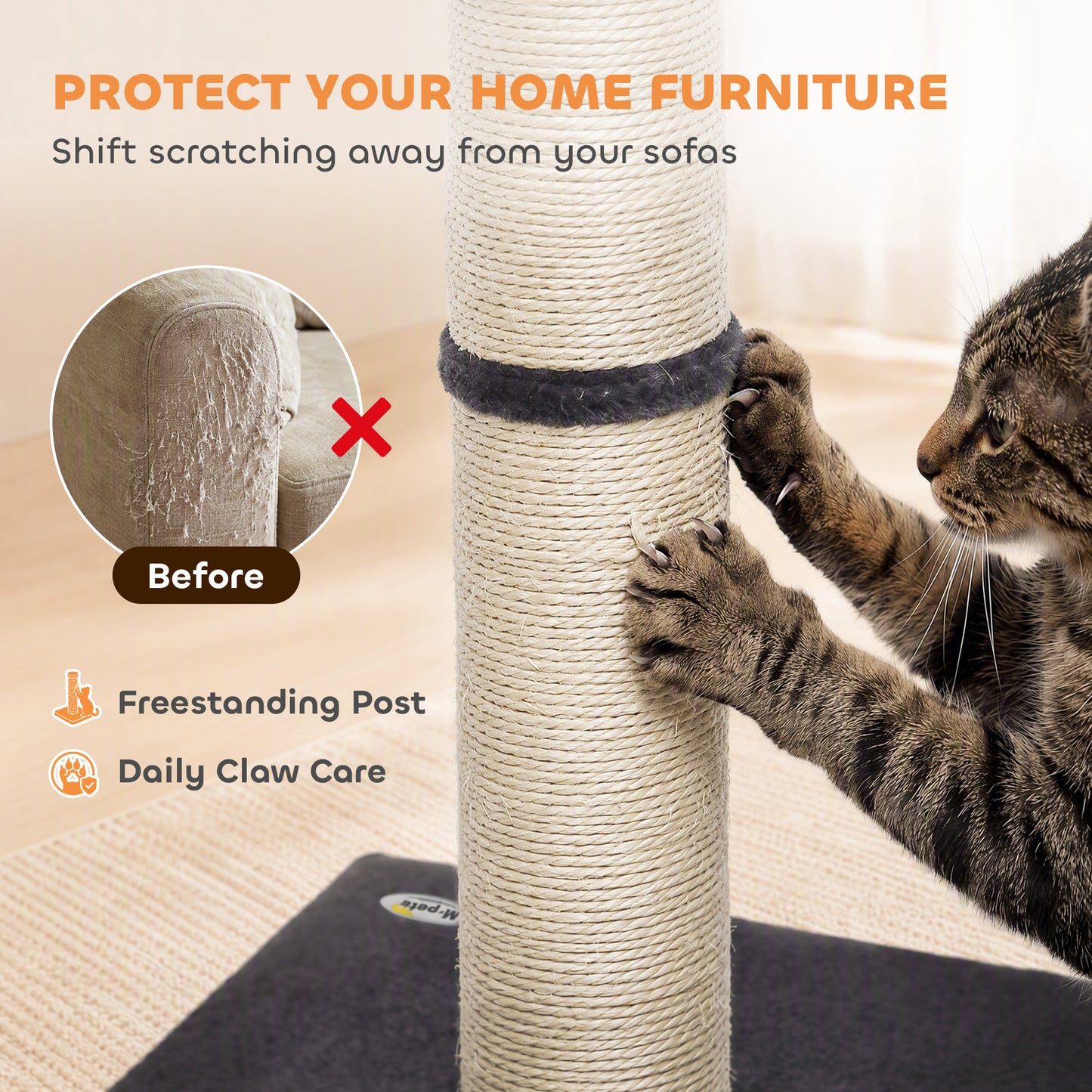 PawHut Cat Scratching Post, 80cm Tall Cat Scratch Post with Sisal Rope, Plush Base, Lightweight Claw Scratcher