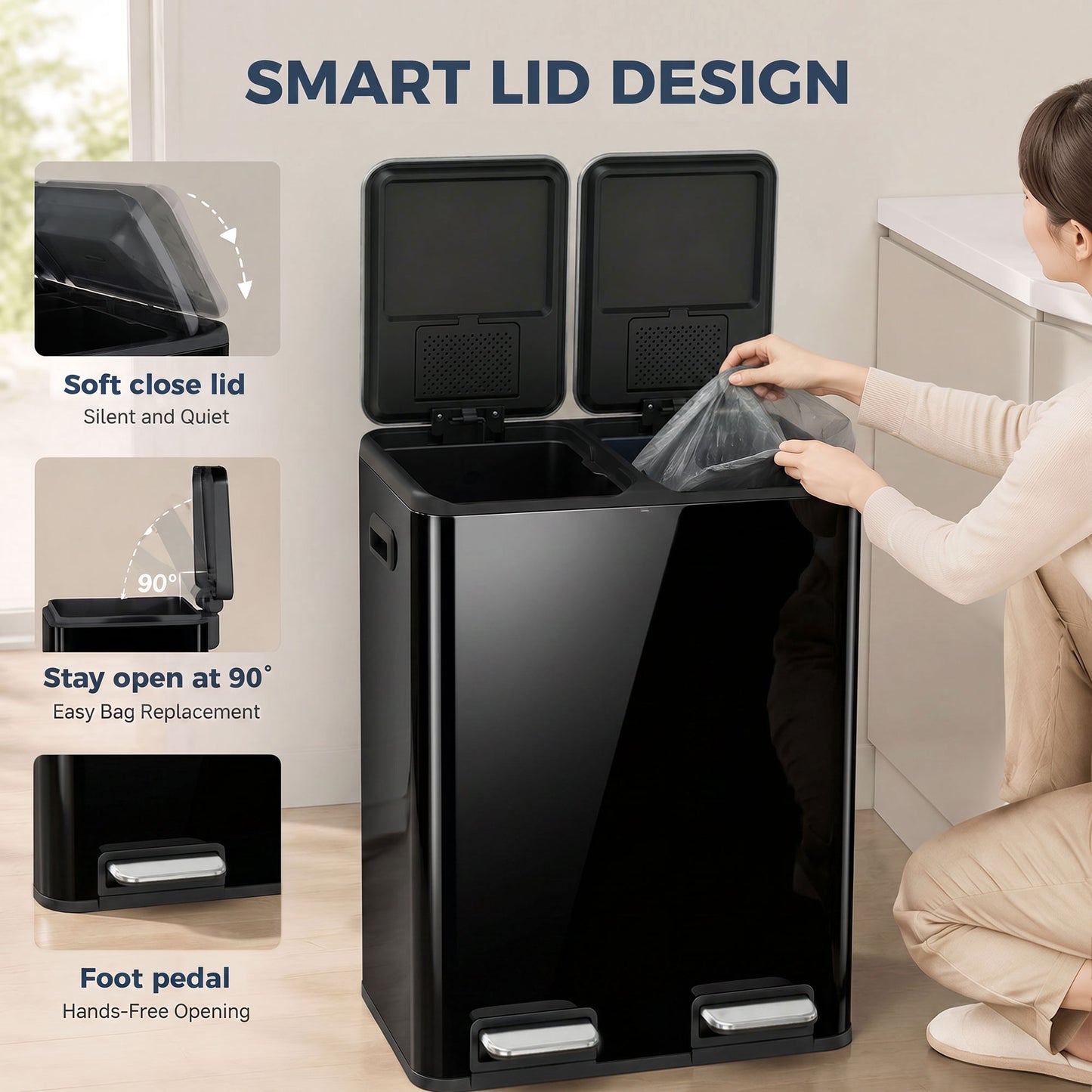 HOMCOM 2 x 30L Double Kitchen Bin, Stainless Steel Pedal Rubbish Bin with Dual Compartments, Soft Close Lids, High Gloss Black