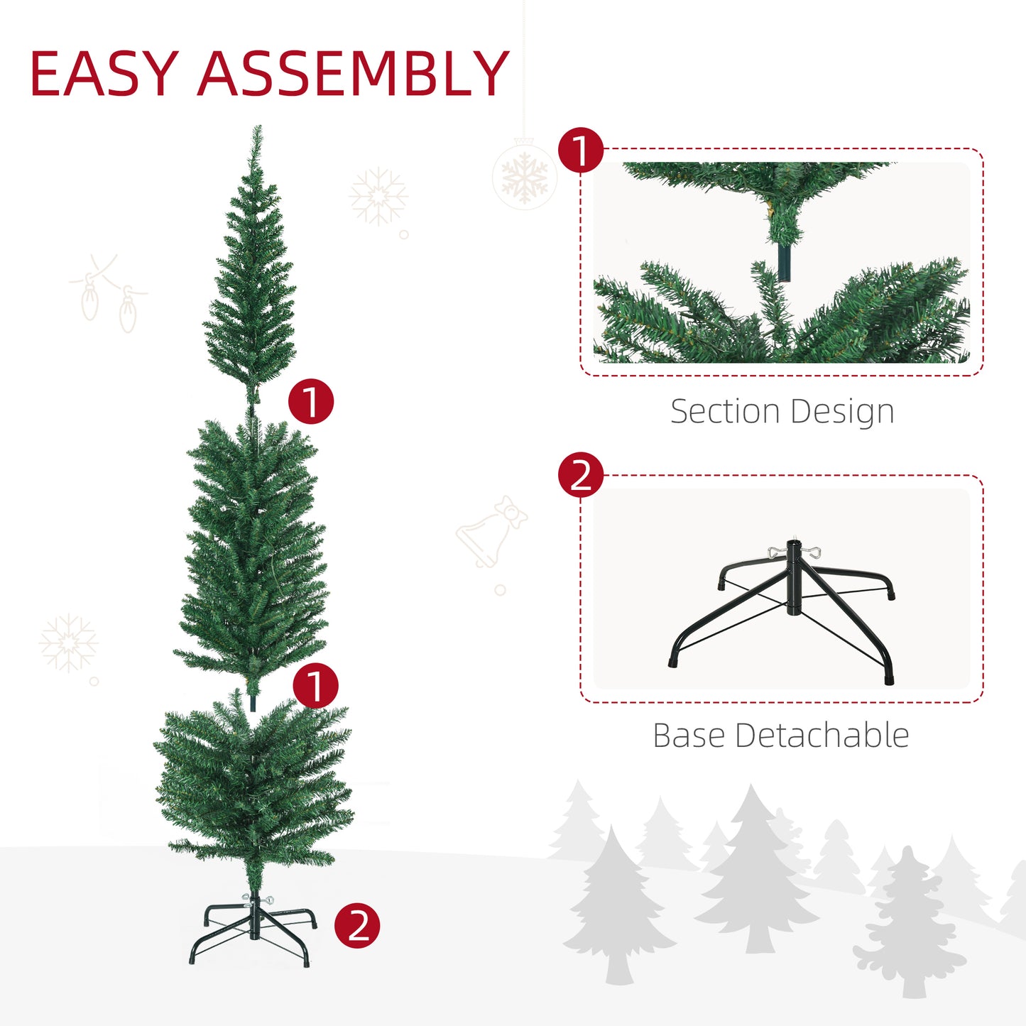HOMCOM 6' Artificial Prelit Christmas Trees with Colourful LED Lights, Pencil Shape, Steel Base
