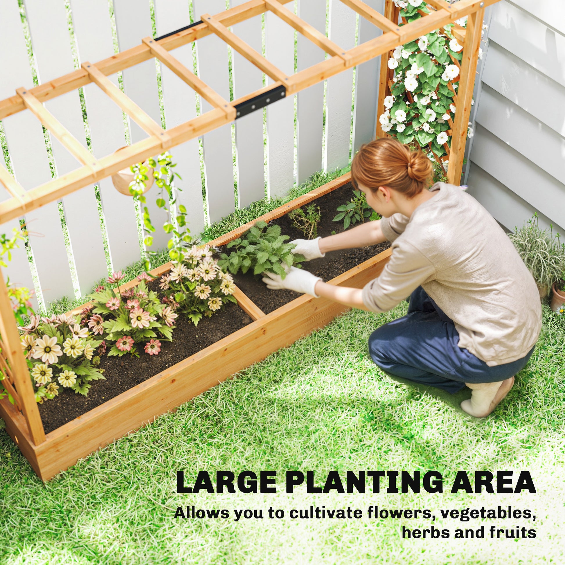 Outsunny Raised Planter with Trellis, Wooden Raised Bed for Garden with Hanging Roof and Drainage Holes, Outdoor Planter Box