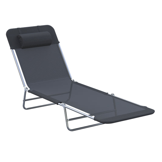 Outsunny Folding Sun Lounger, Texteline Reclining Sun Bed with 5 Position Adjustable Backrest, Headrest, Black