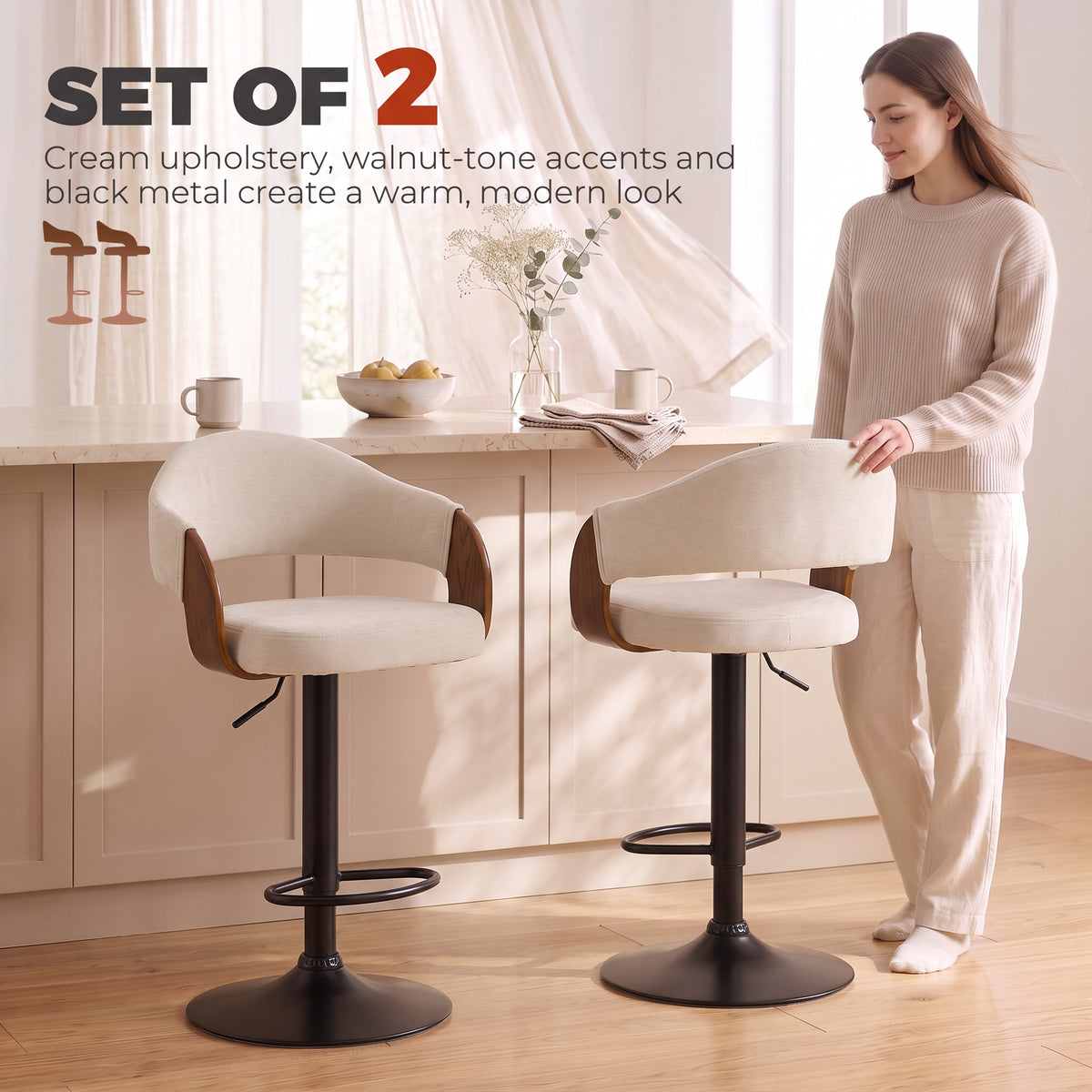 HOMCOM Bar Stools Set of 2 Height Adjustable Bar Chairs Swivel Backrest Footrest Faux Linen Beige