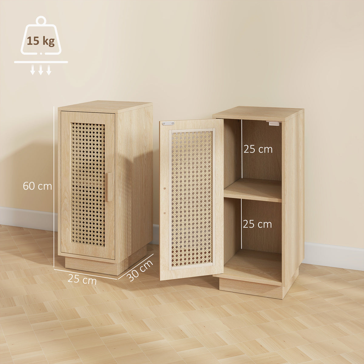 HOMCOM Set of 2 Bedside Tables with Rattan-Decor Doors, Boho Slim Nightstands with Adjustable Shelf, Natural Wood Finish