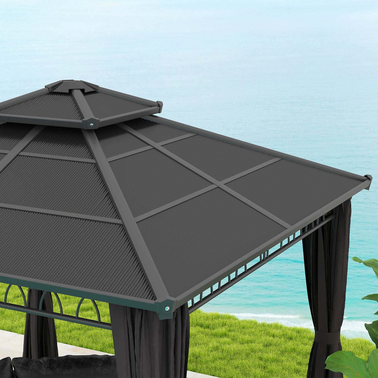 Outsunny 3 x 3 (m) Outdoor Polycarbonate Gazebo, DoubleÂ Roof Hard Top Gazebo withÂ Galvanised Steel Frame, NettingsÂ &Â Curtains for Garden, Lawn, Patio and Deck, Dark Grey