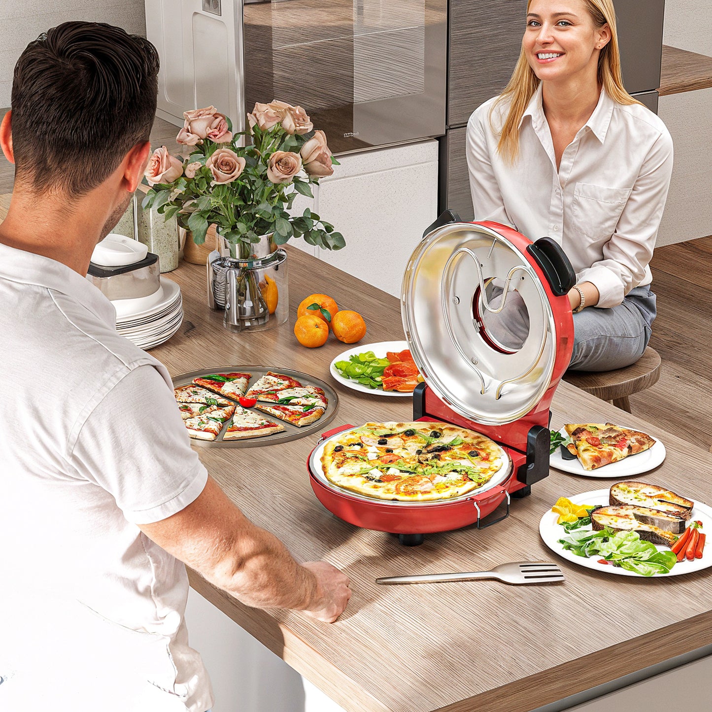 HOMCOM 1200W Pizza Oven, 12 Inch Electric Pizza Maker with Viewing Window, Dual Knob Temp & Timer Control, Overheat Protection, Red