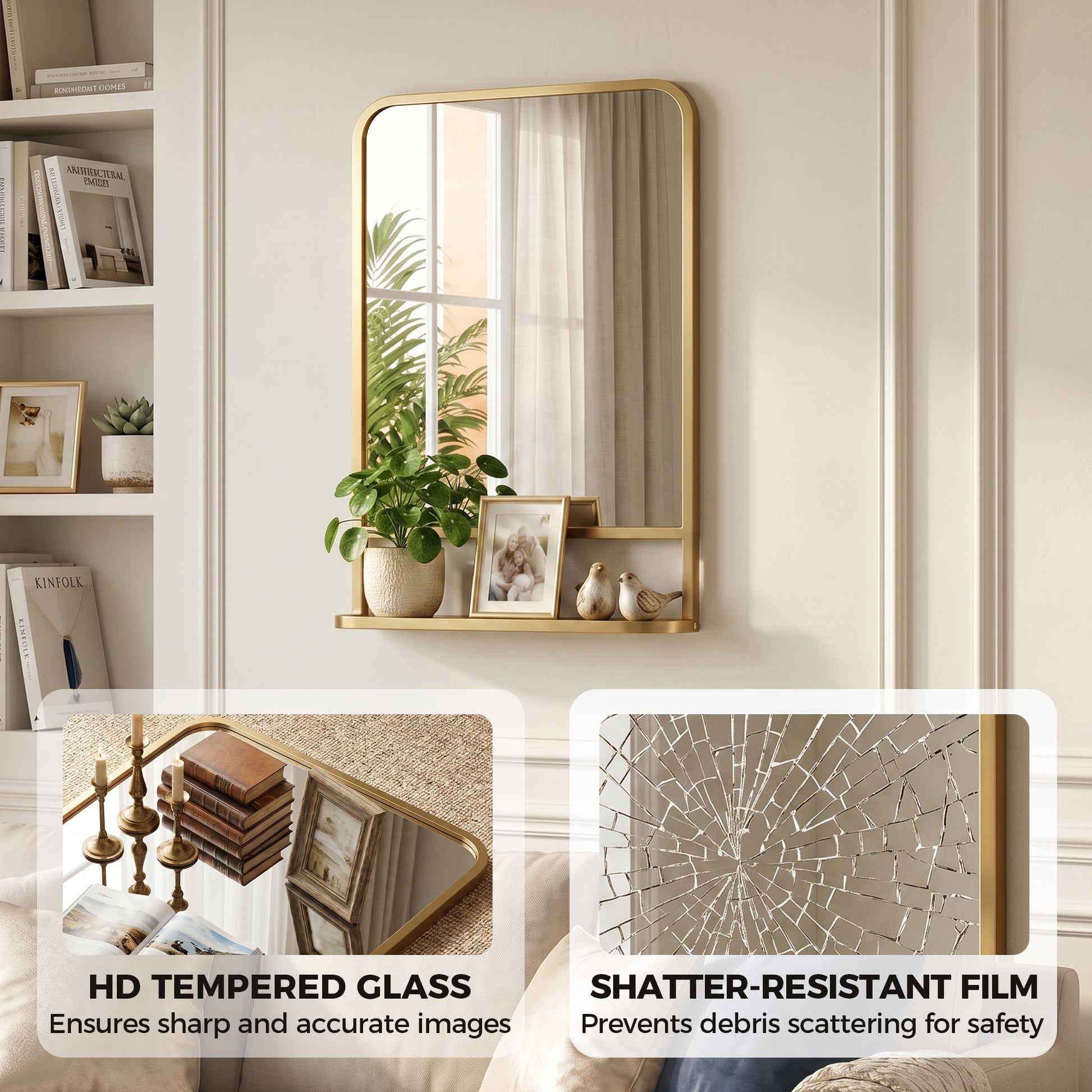 HOMCOM Modern Rectangular Wall Mirror with Storage Shelf, 70 x 50 cm, Gold Tone