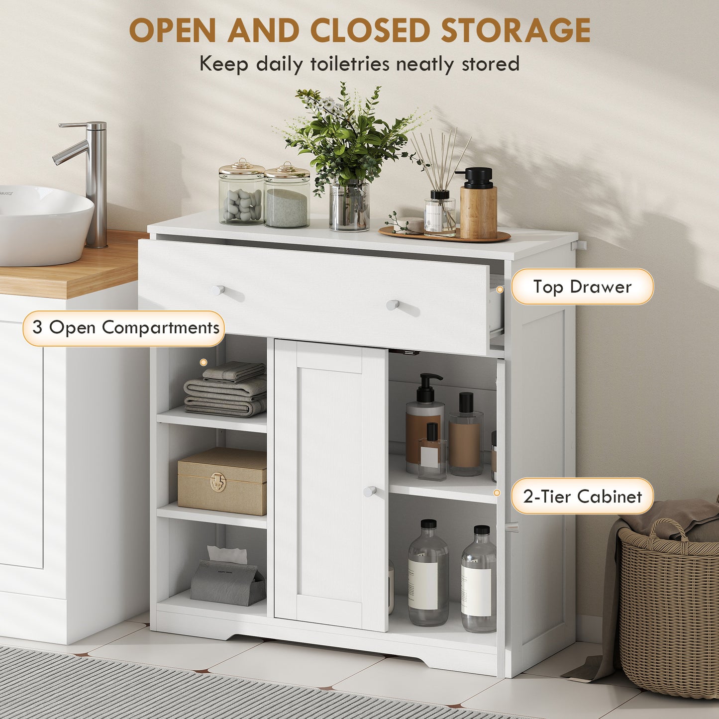 HOMCOM Bathroom Floor Cabinet, Freestanding Bathroom Cabinet with Drawer, Door, Open Shelves, White