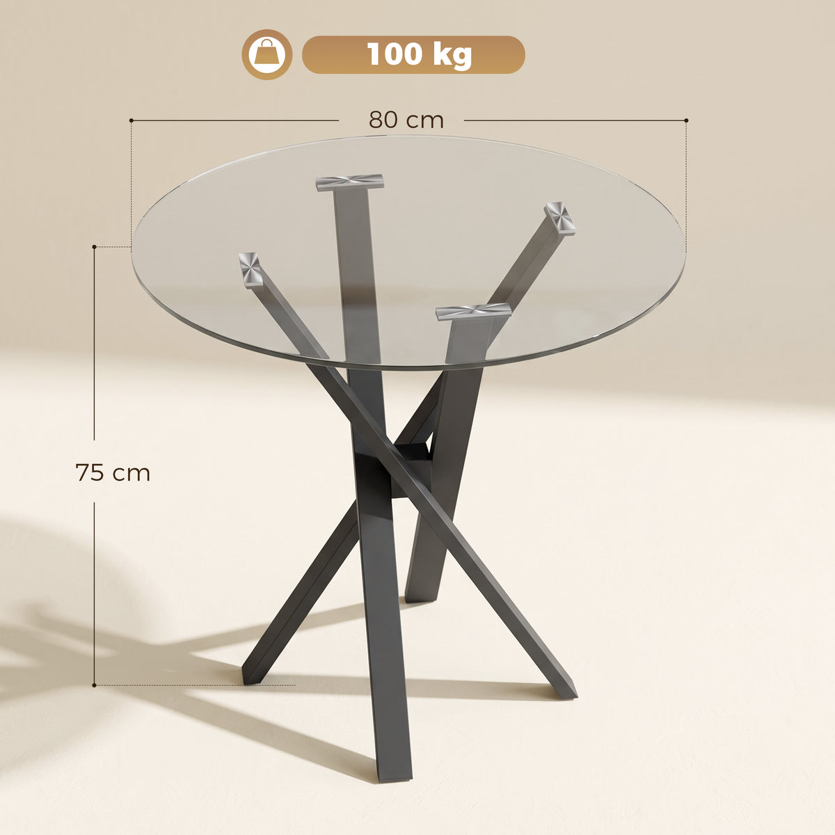 HOMCOM Round Dining Table for 4, 80cm Modern Kitchen Table with Tempered Glass Top and Cross Steel Legs, Clear