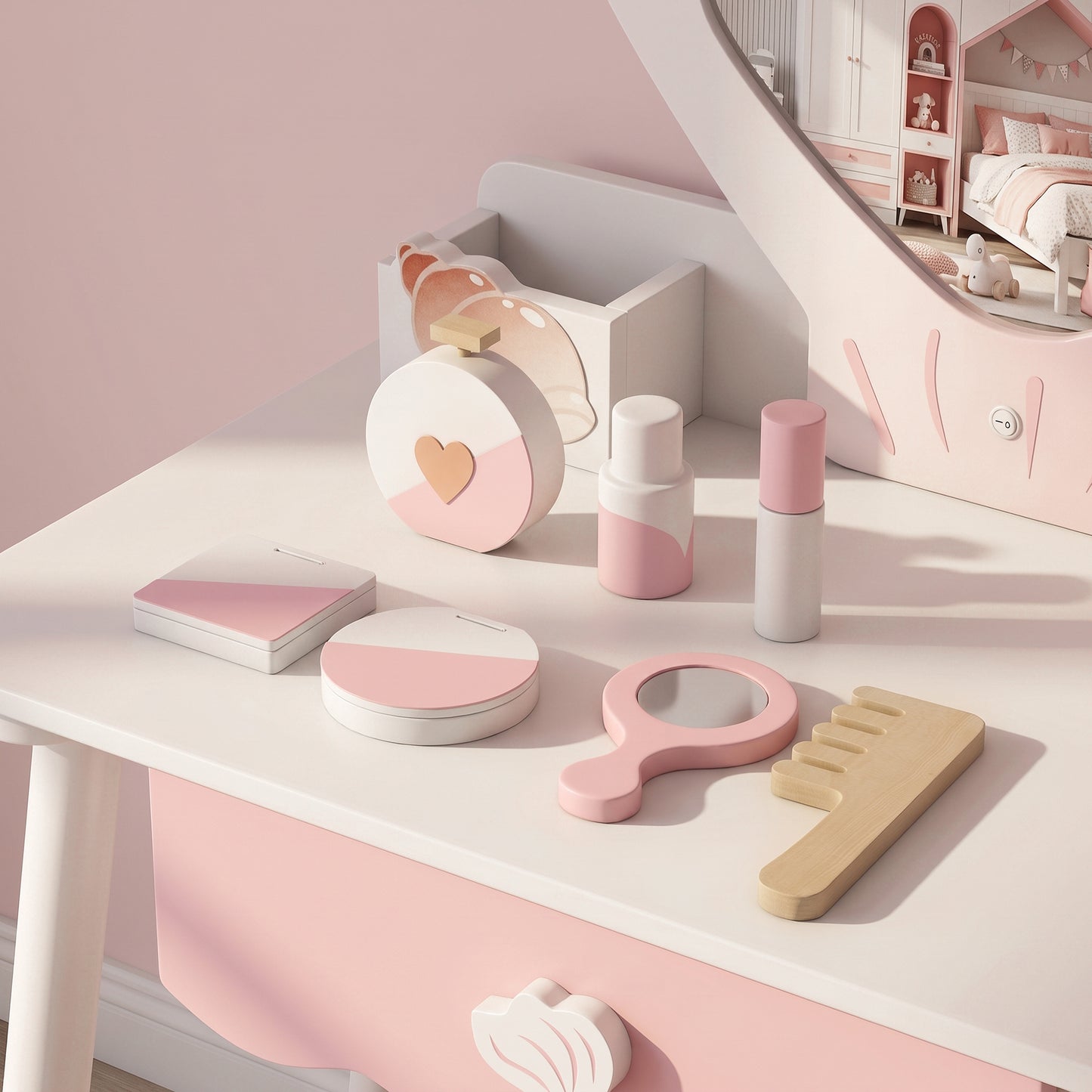 AIYAPLAY Kids Vanity Set, Kids Dressing Table with Chair, Acrylic Mirror, Lighted Bulbs, 7-Piece Accessories, for 3-8 Years, Pink