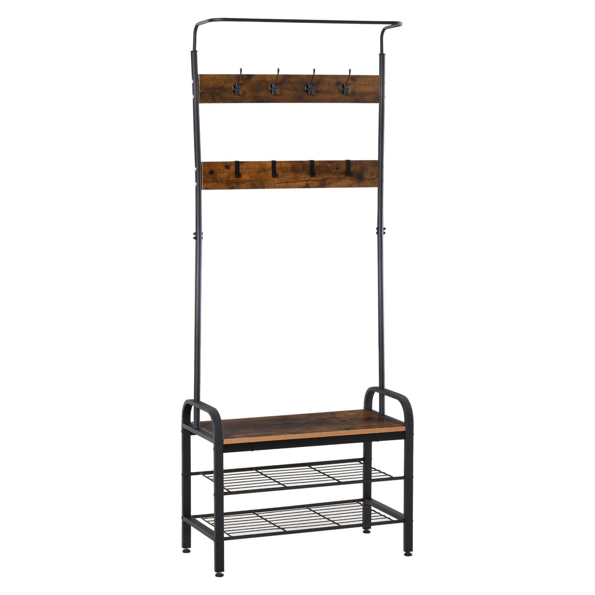 HOMCOM Coat Rack Stand Industrial hallway Shoe Rack Removable Hooks Metal Wood Hangers Storage Cabinet Rustic Brown 72LÃ—34WÃ—185H(cm)