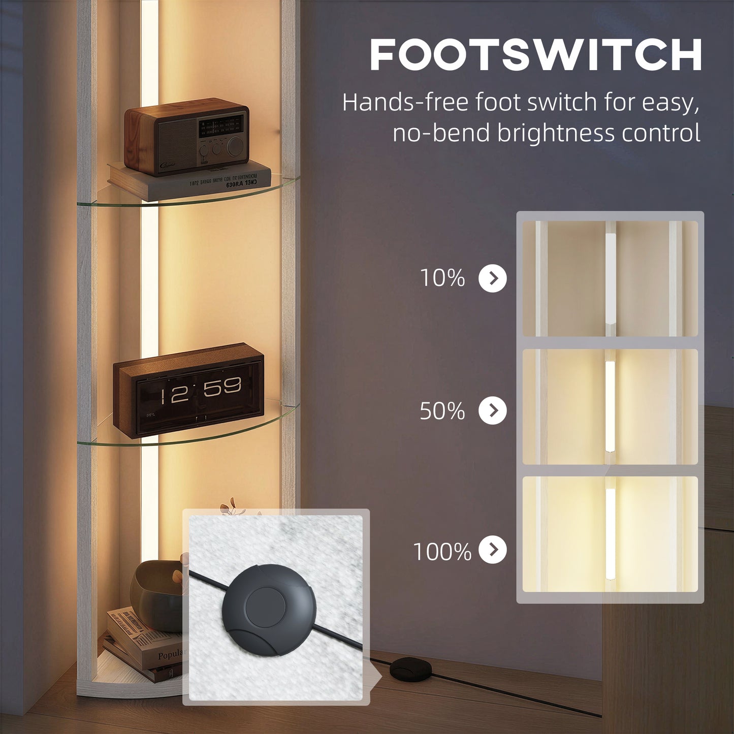 HOMCOM LED Floor Lamp with Shelves, Dimmable Standing Lamp with Foot Switch for Living Room, Bedroom, White