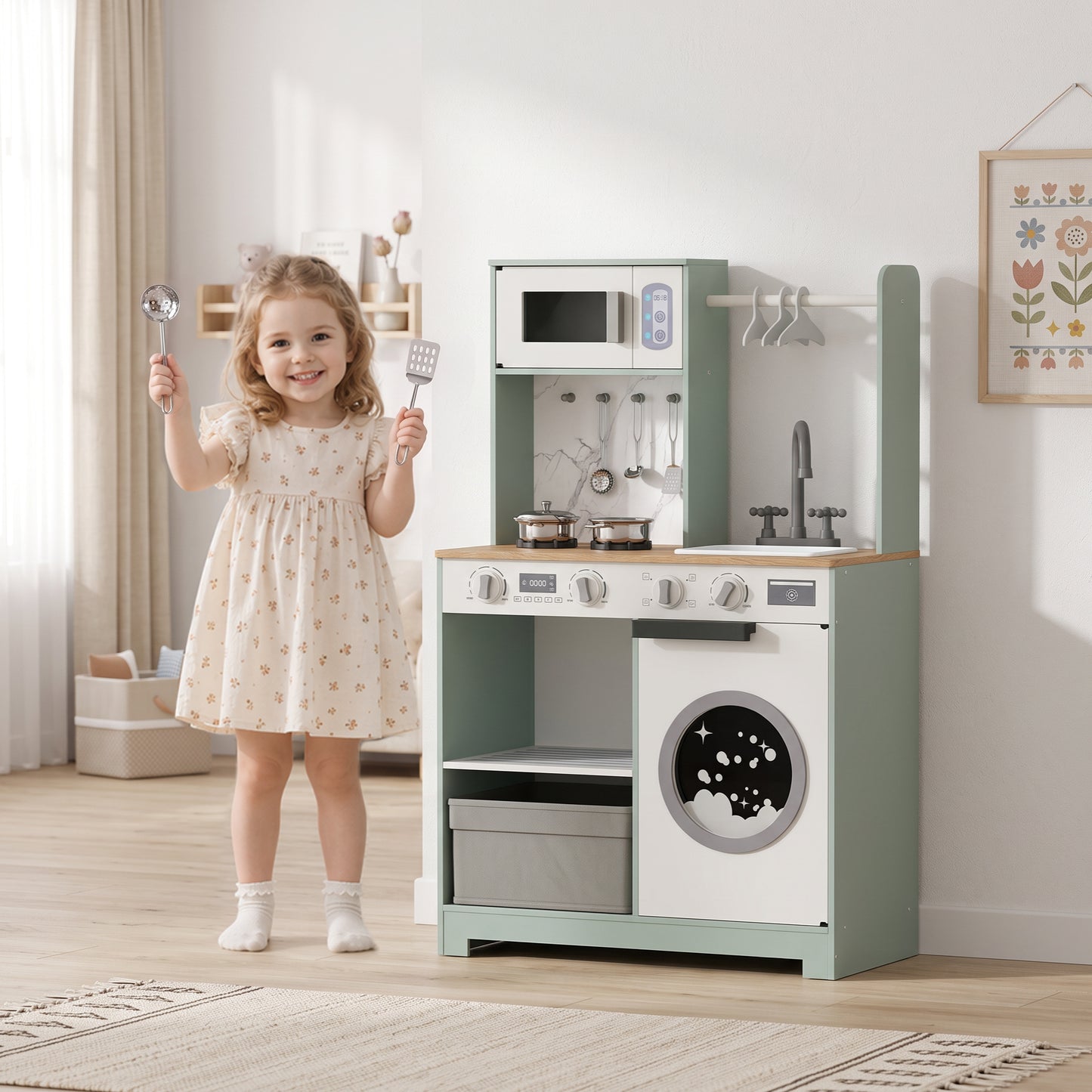 AIYAPLAY Kids Play Kitchen, Pretend Play Toy Kitchen Playset with Stove, Sink, Microwave, 5Pcs Accessories for 3-6 Years, Green