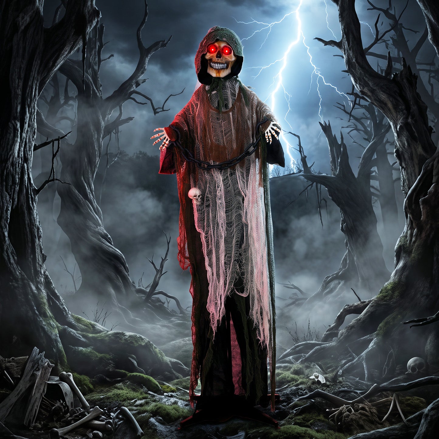 HOMCOM 170cm Animated Grim Reaper, Life-Size Halloween Animatronic with Moving Hands/Head, Glowing Eyes, Creepy Sound