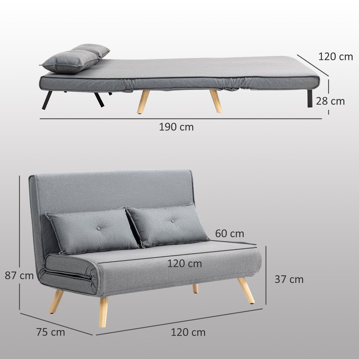 HOMCOM Two-Seater Linen-Look Sofa Bed - Grey