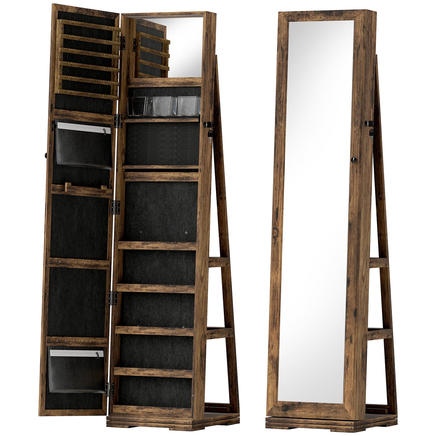 HOMCOM 360Â° Swivel Jewellery Cabinet, Free Standing Full Length Mirror with Storage, Lockable Jewellery Organiser with Built-in Makeup Mirror and Storage Shelves for Bedroom, Rustic Brown