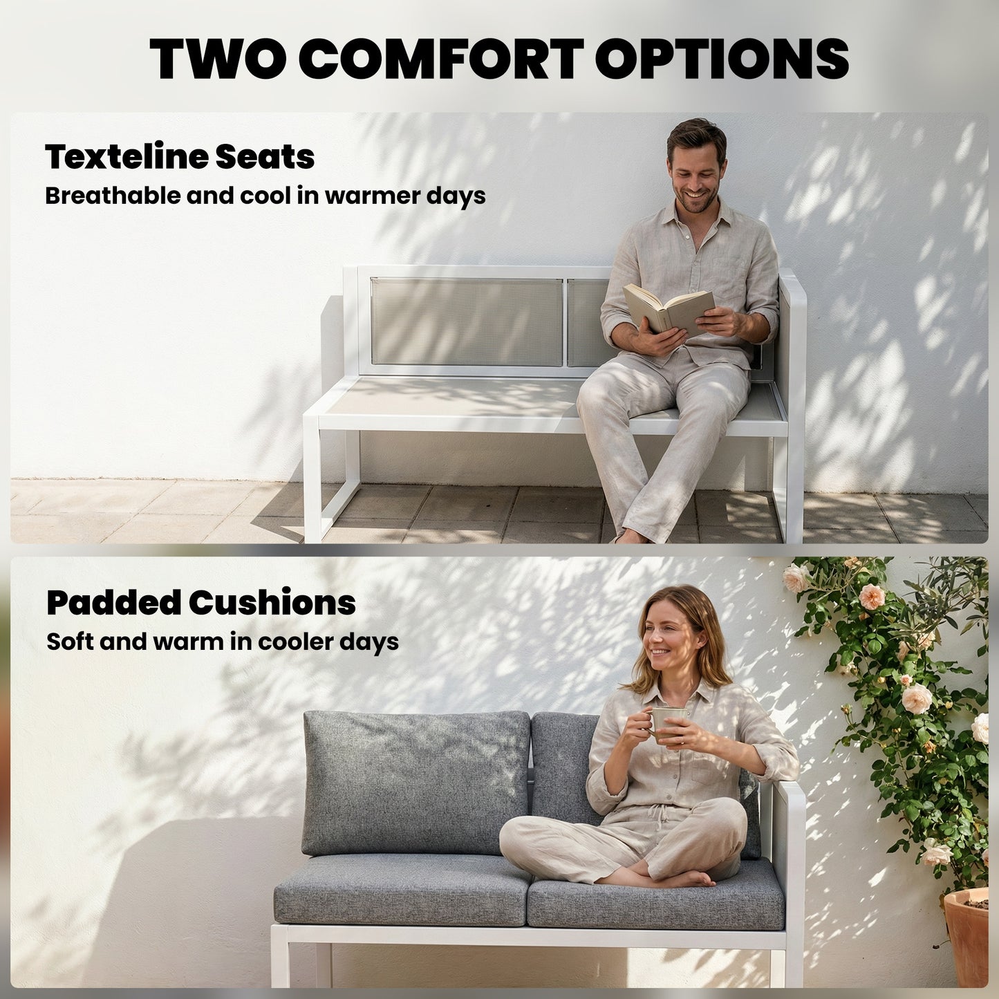 Outsunny 6 Seater Metal Garden Furniture Corner Sofa Set with 3 Loveseats, Faux Wood Table, Texteline Seat, Cushions, White