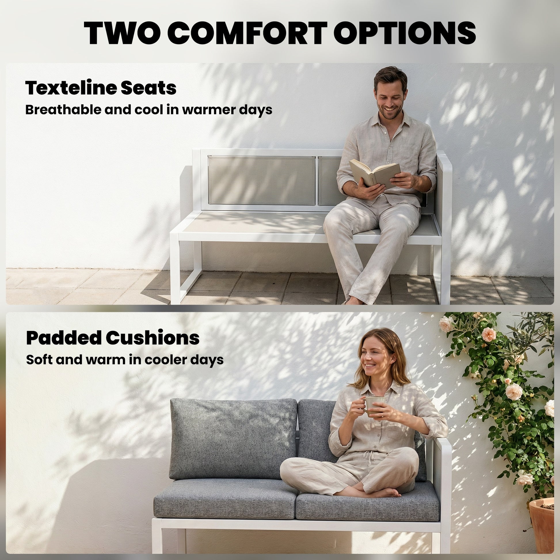 Outsunny 6 Seater Metal Garden Furniture Corner Sofa Set with 3 Loveseats, Faux Wood Table, Texteline Seat, Cushions, White