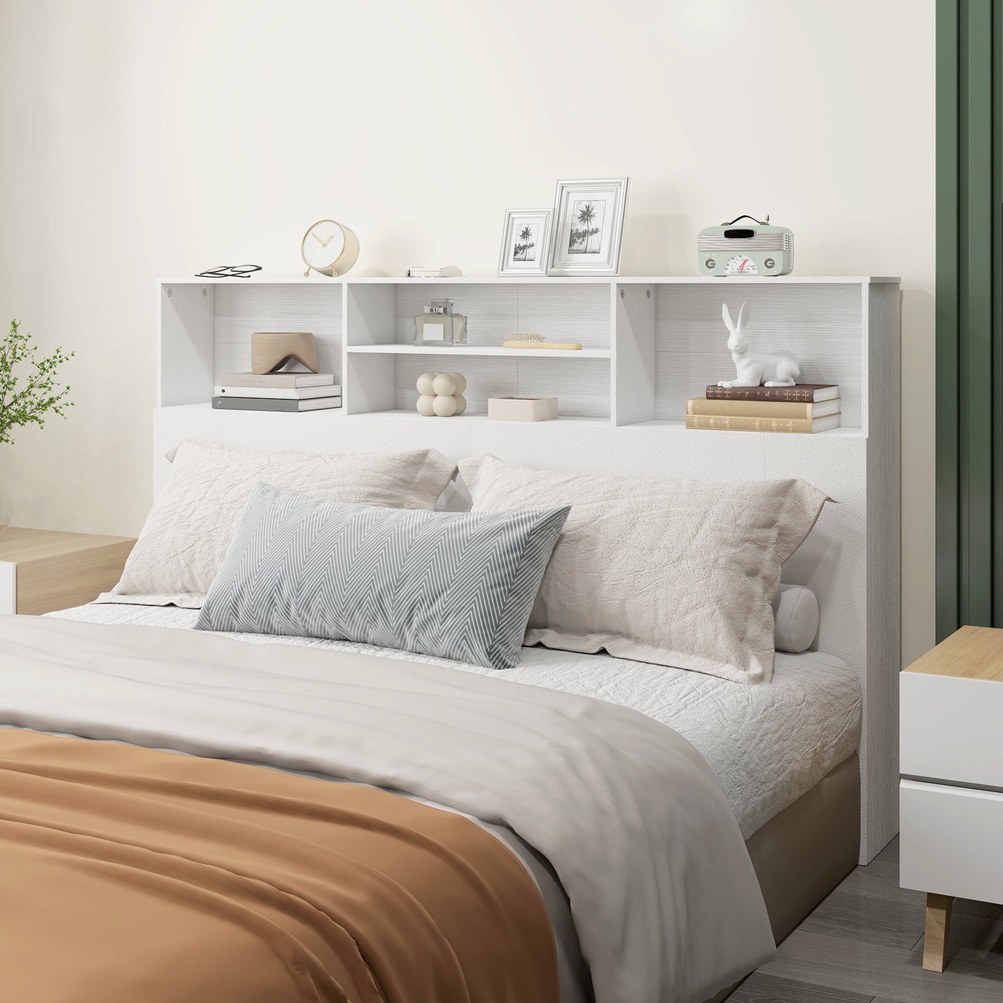 HOMCOM King-Size Headboard with Storage, Freestanding Bed Headboard with 4 Open Compartments for Bedroom, White