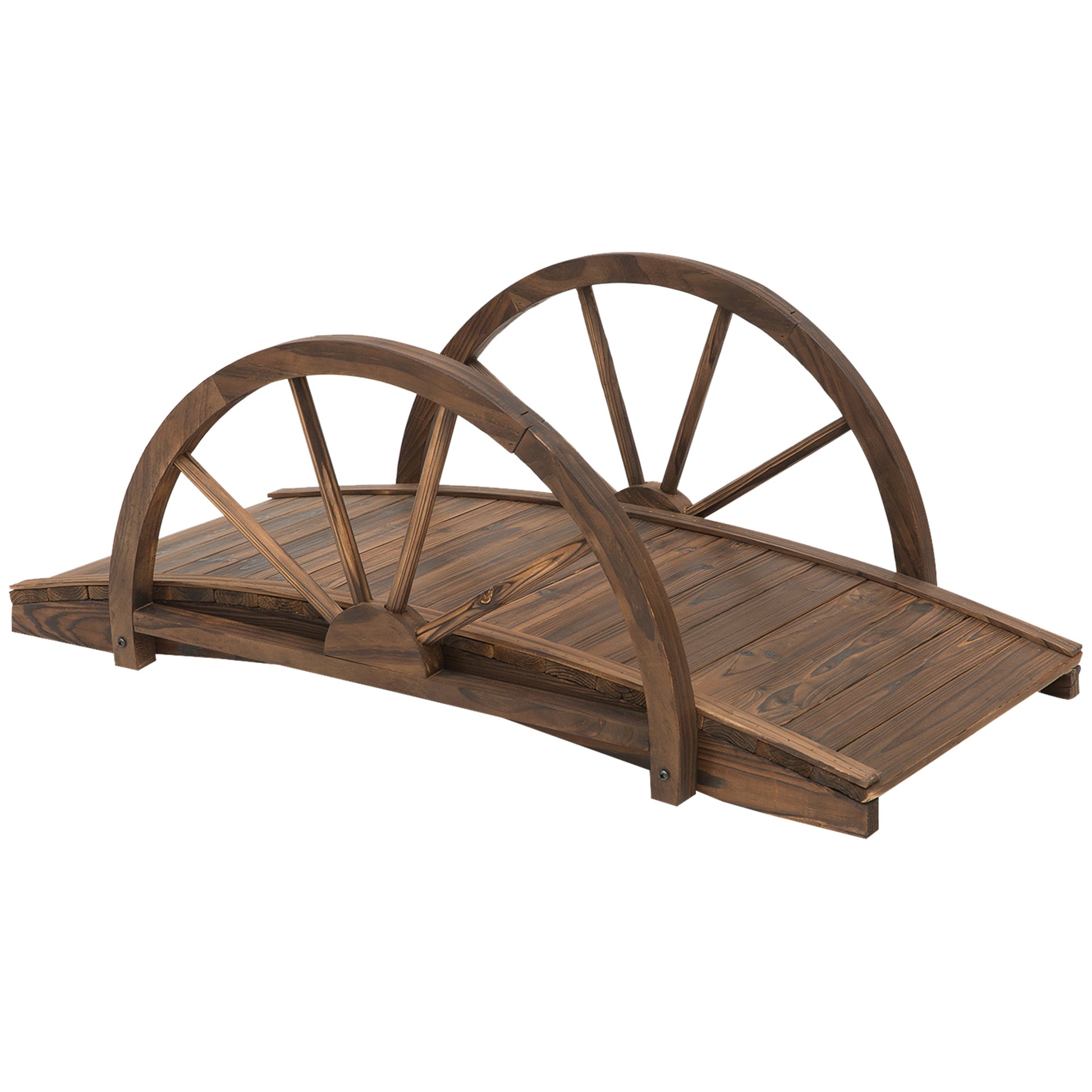 Outsunny Wooden Garden Bridge Lawn DÃ©cor Stained Finish Arc Outdoor Pond WalkwayYard Decoration Half Wheeled Railings 100L x 50W x 37Hcm