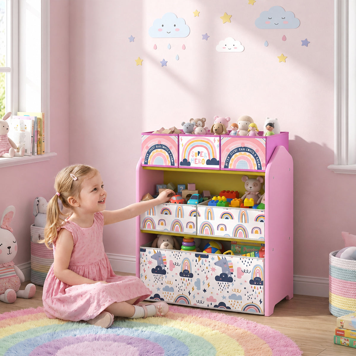 AIYAPLAY Toy Storage Organiser, 3-Tier Wooden Kids Toy Storage Rack with 6 Fabric Storage Bins for Bedroom, Kids Room, Pink