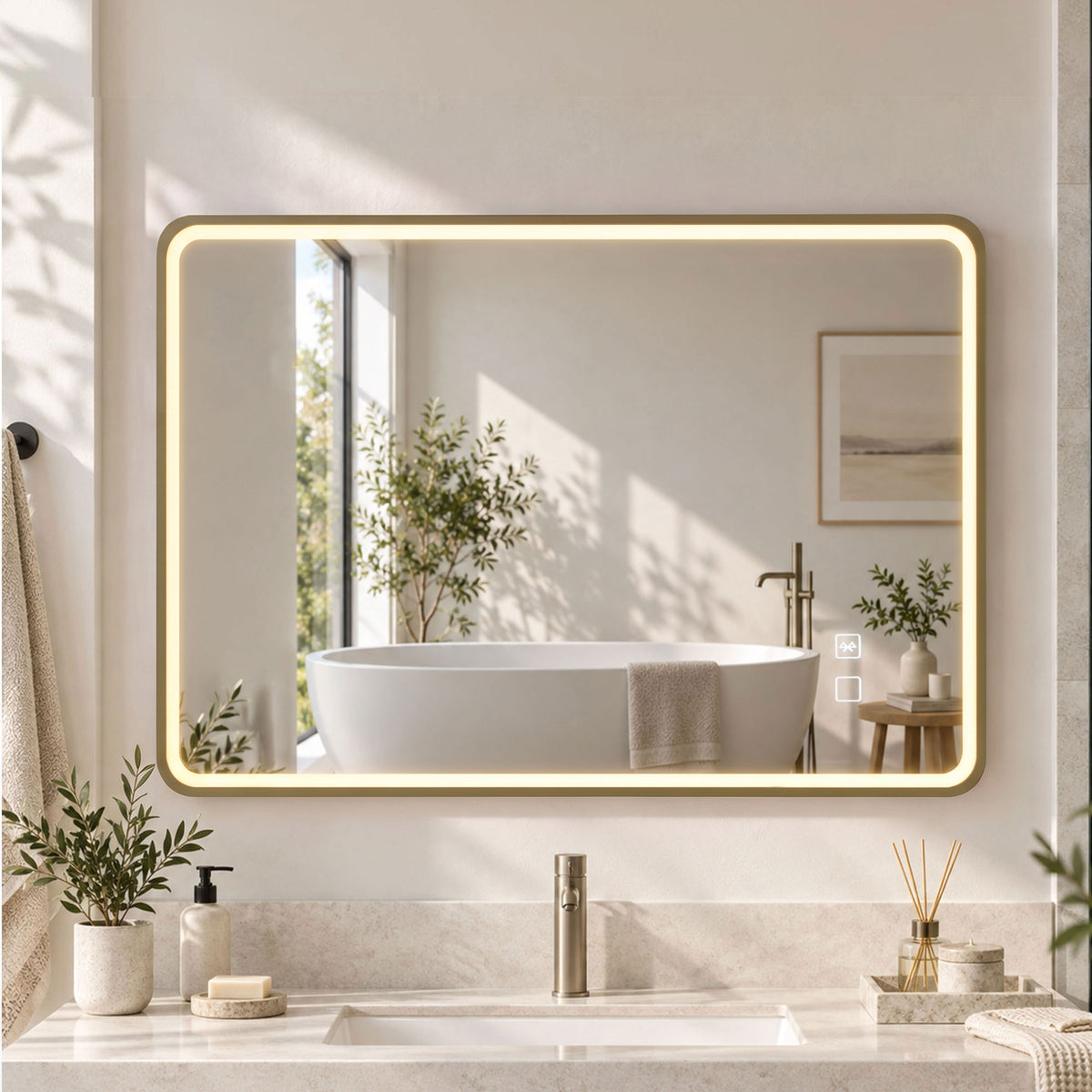 HOMCOM Bathroom Mirror with LED Lights, 100x70cm Rectangle Bathroom Mirror, Dimmable, Bluetooth, Anti-Fog, Gold Tone