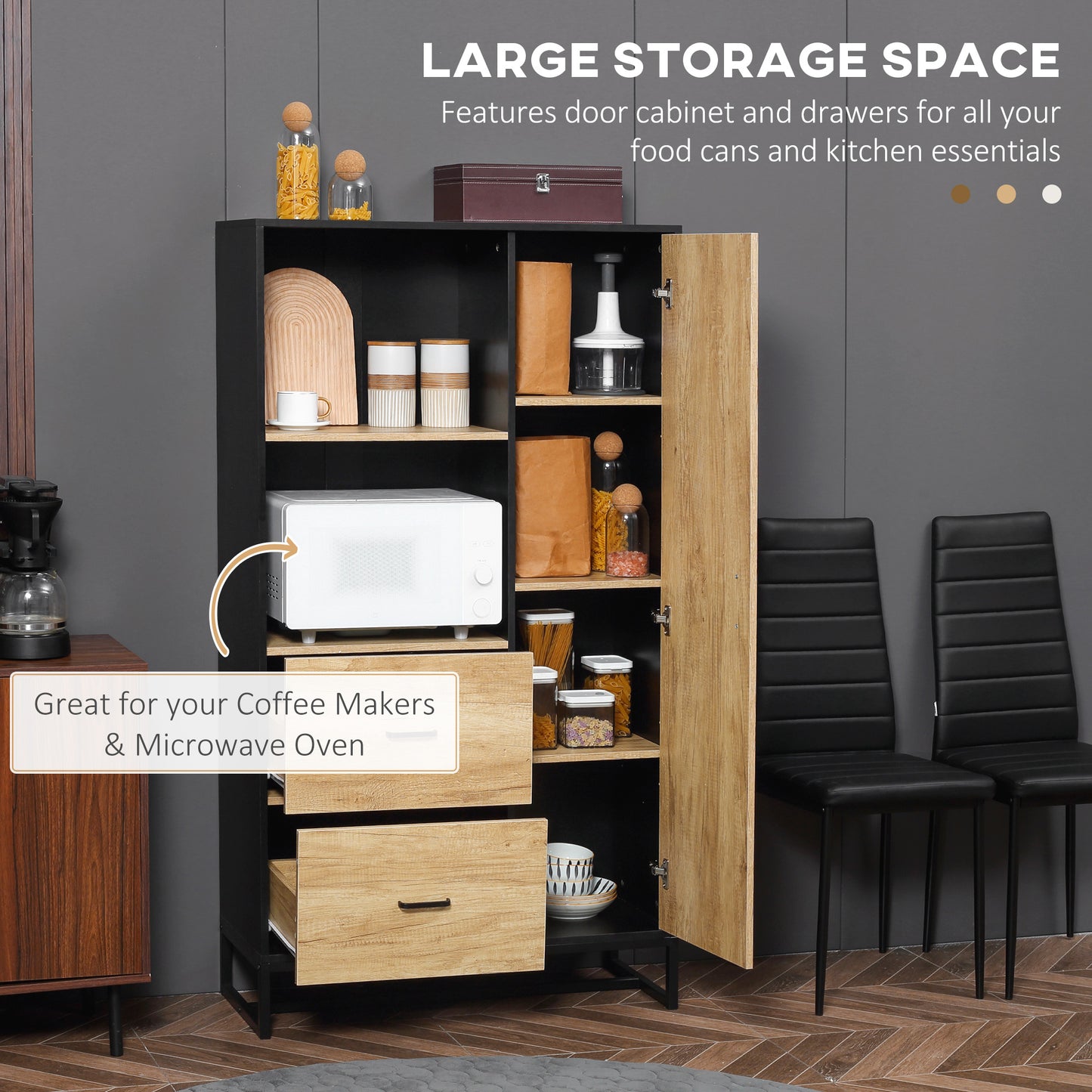 HOMCOM Kitchen Cupboard, Freestanding Microwave Stand with Adjustable Shelves, Drawers and Metal Base, 160cm
