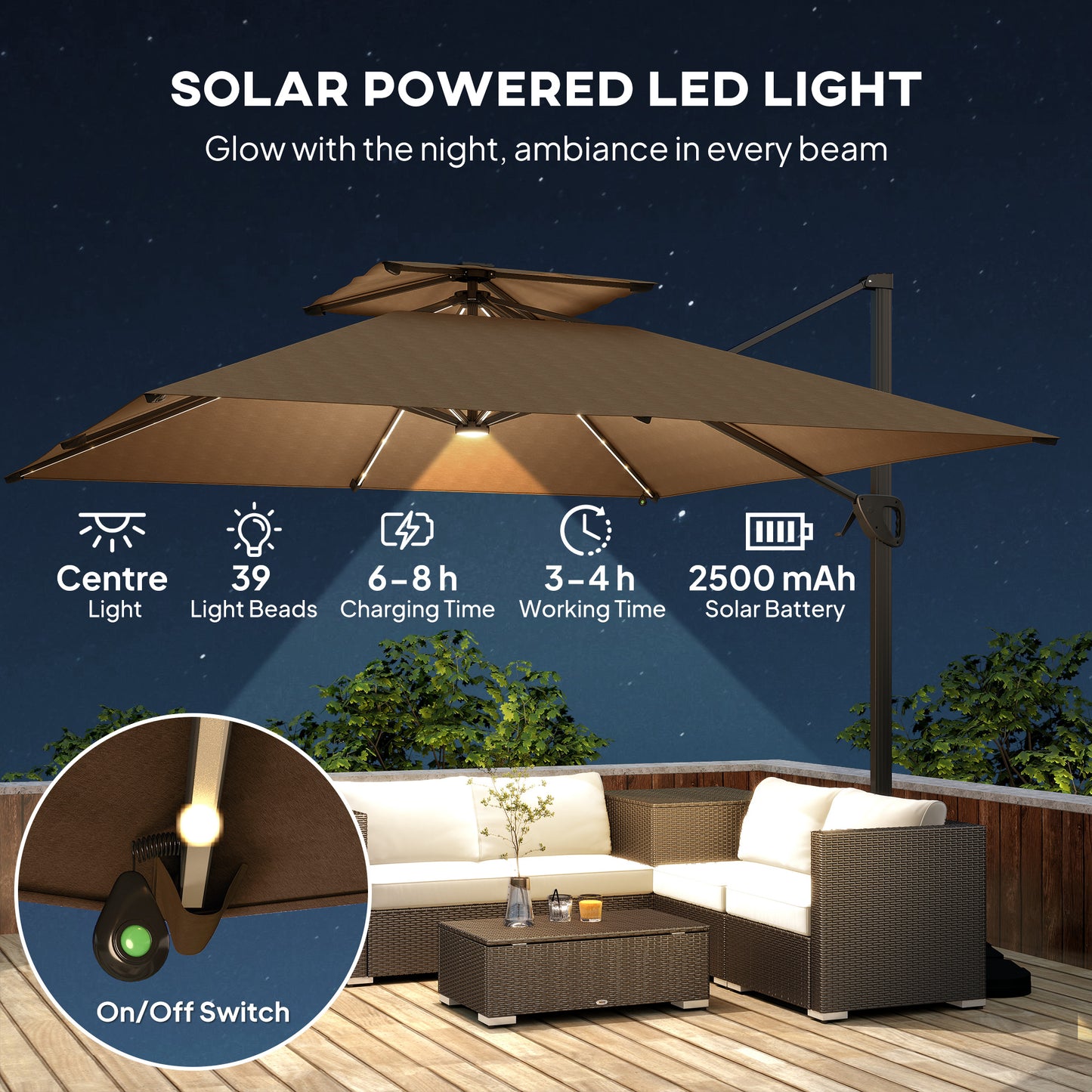 Outsunny Multi-Angle LED Light Parasol Umbrella - Khaki