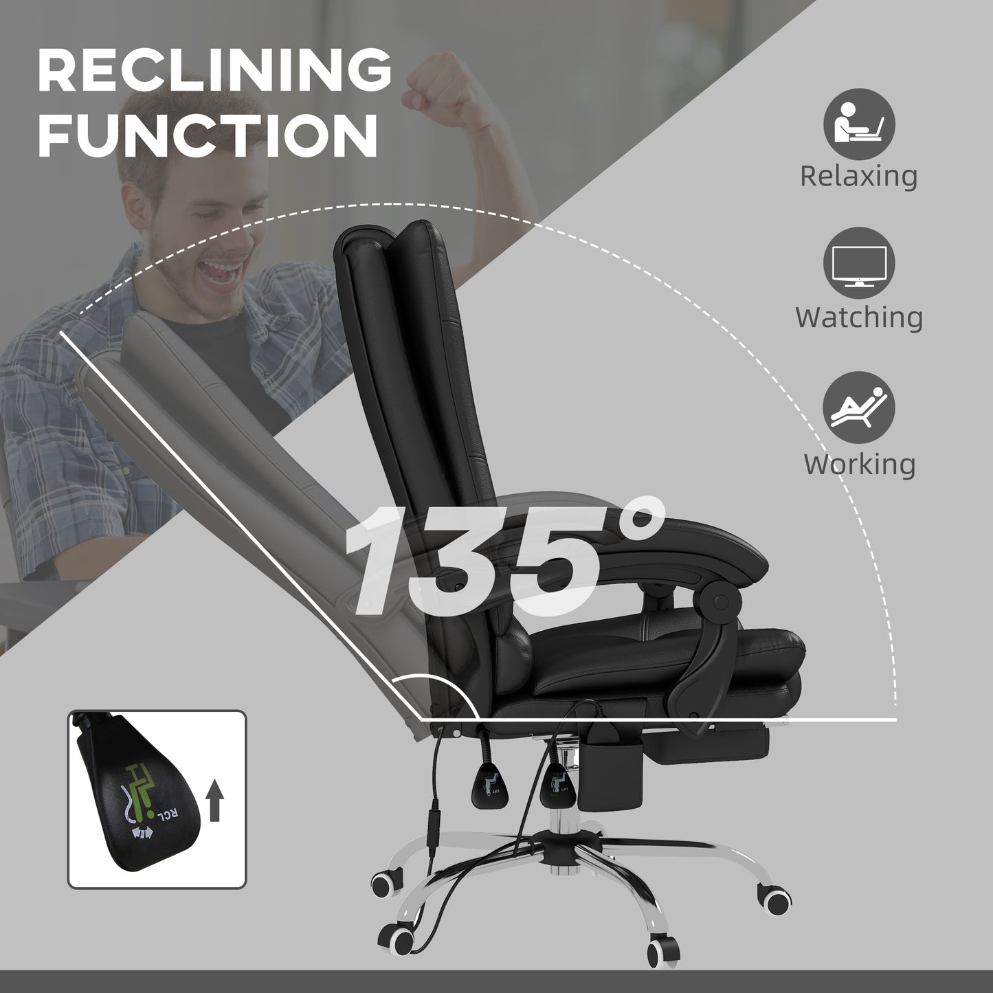 Vinsetto High Back Vibration Massage Office Chair, Heated Reclining PU Leather Computer Chair with 135Â° Reclining Back and Footrest, Black