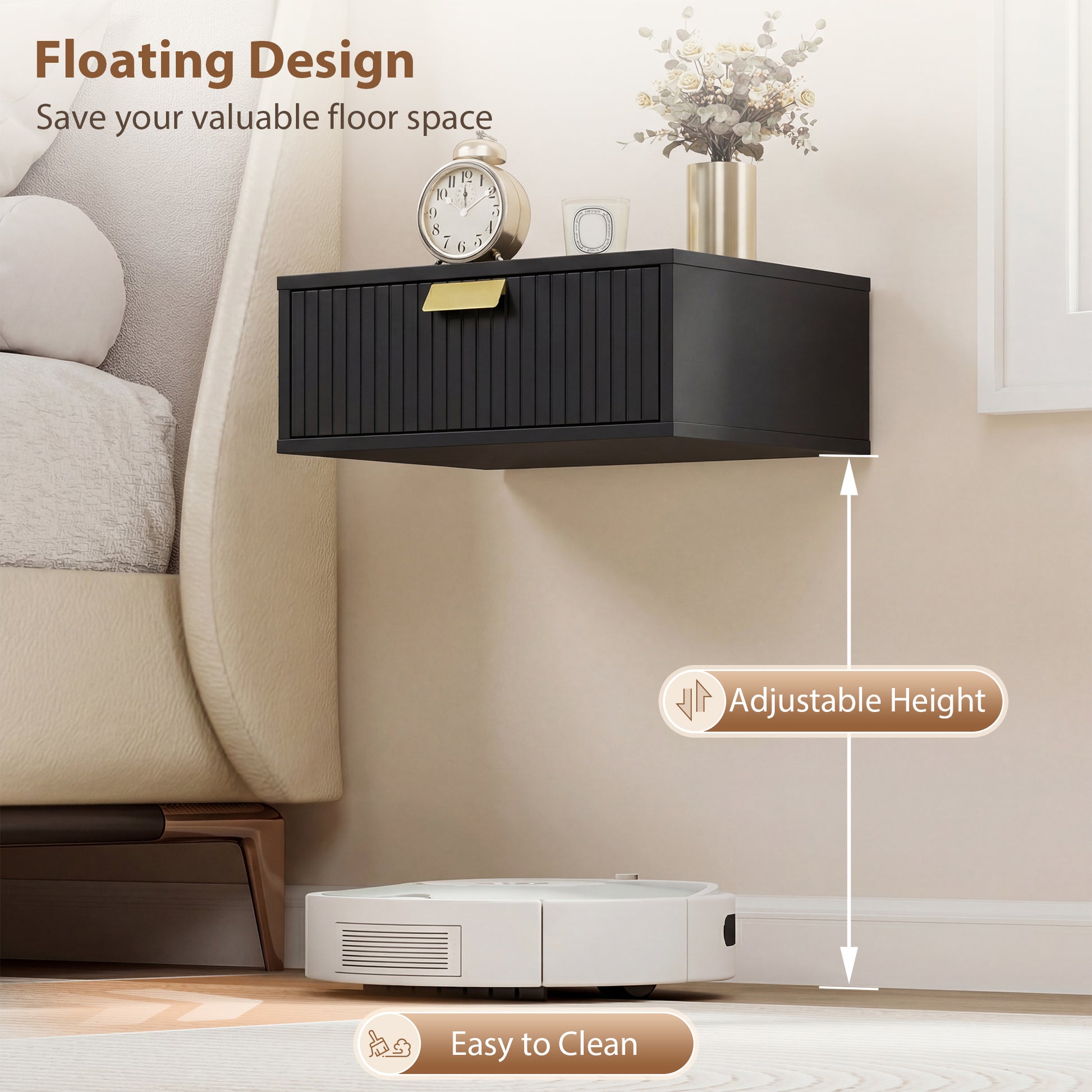 HOMCOM Modern Floating Nightstands Set of 2, Wall Mounted Bedside Tables with Wave Drawer Black