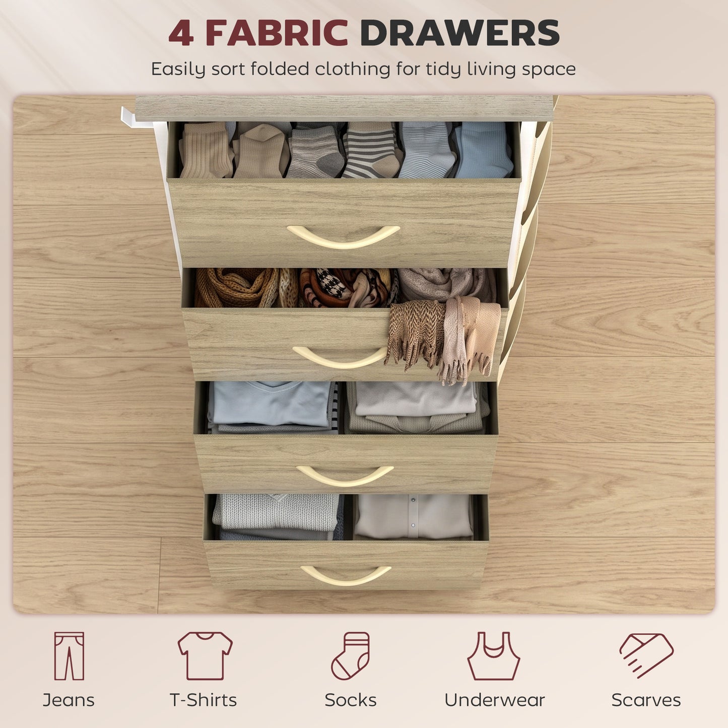 HOMCOM Chest of Drawers, Dresser with 4 Fabric Drawers, Tall Storage Unit with 4 Pockets and 2 Hooks, Steel Frame, Natural Wood