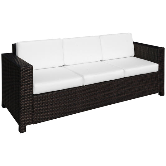 Outsunny 3 Seater Rattan Sofa, All-Weather Wicker Weave Metal Frame Chair with Fire Resistant Cushion, Brown