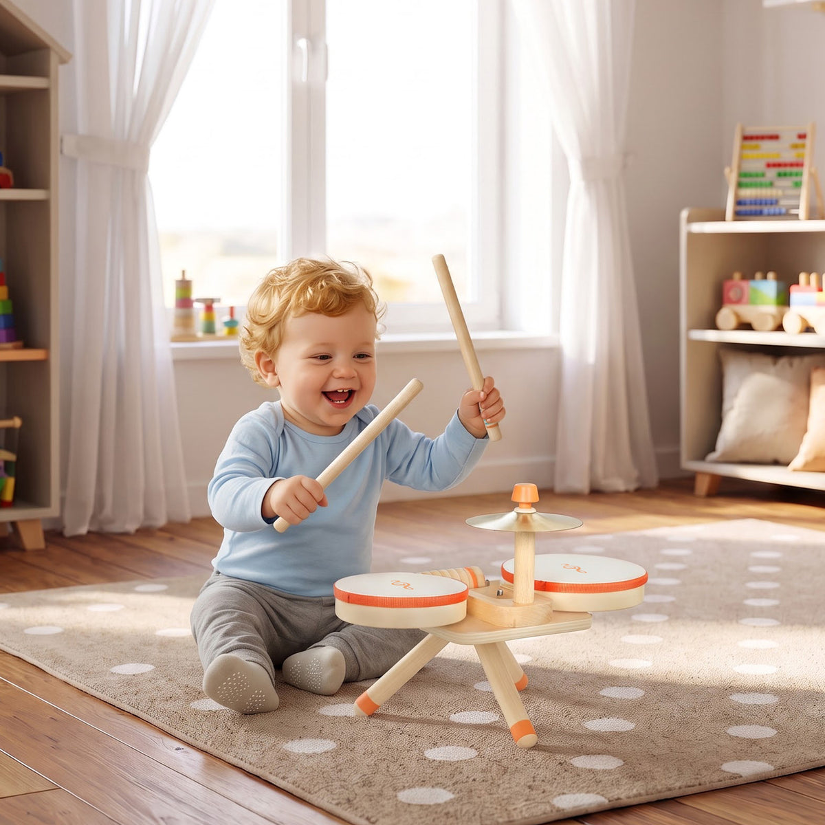 AIYAPLAY Kids Drum Kit, Wooden Musical Instruments with 2 Drums, Cymbal, Scraper, 2 Mallets for Toddlers, Music Learning, Natural