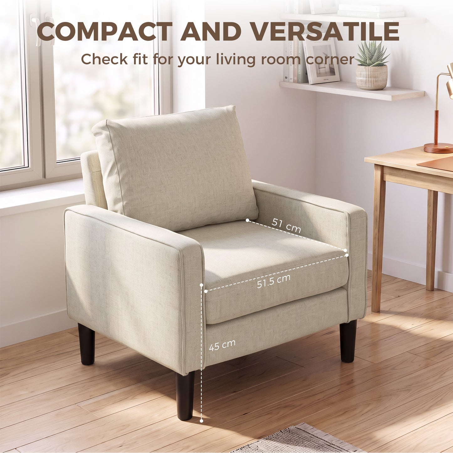 HOMCOM Accent Chair, Removable Pillow Linen Armchair with Comfy Spring Cushion for Living Room, Bedroom, Study, Cream