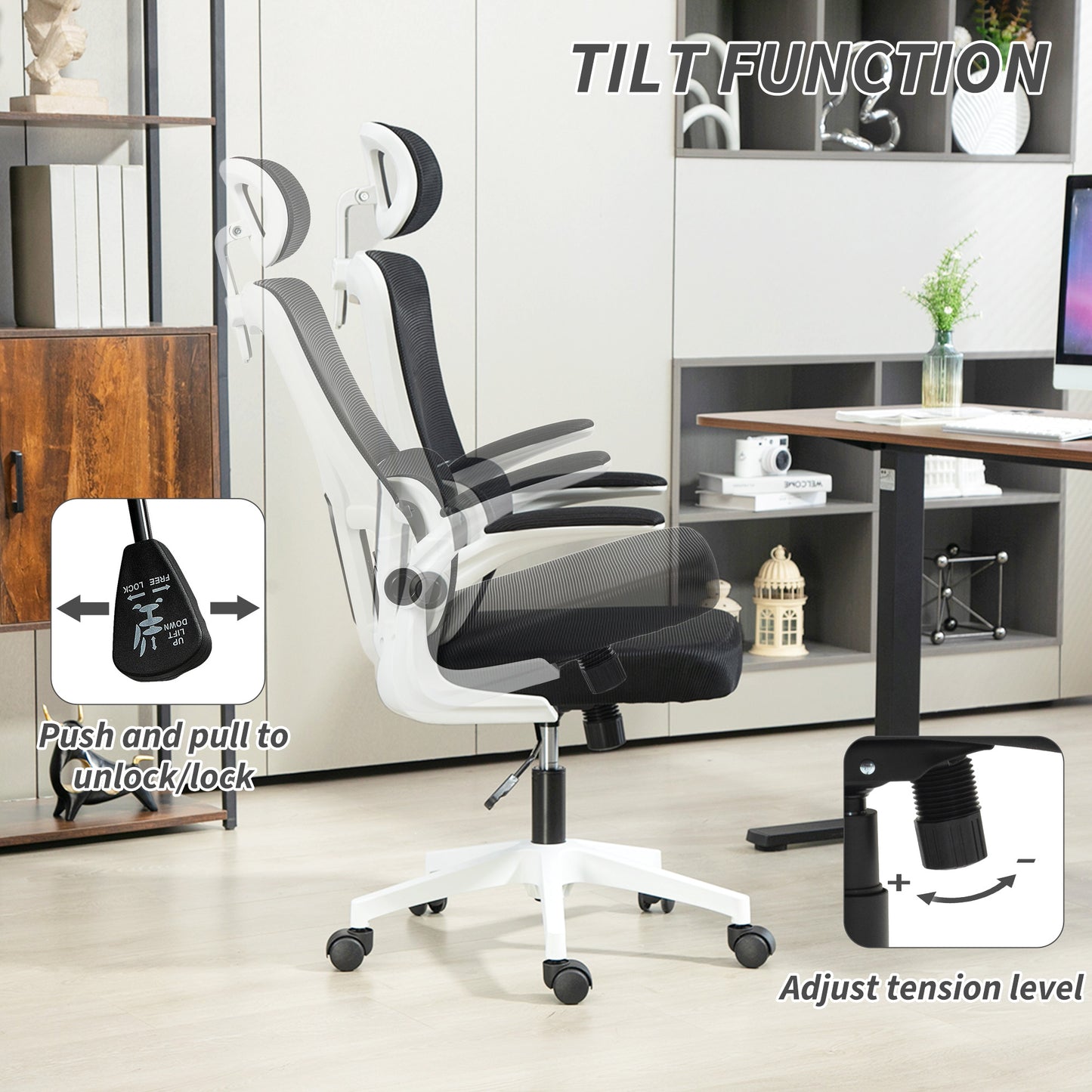 Vinsetto Ergonomic Office Chair, High Back Mesh Computer Desk Chair with Adjustable Headrest and Lumbar Support, Rotatable Armrests, Tilt Function for Home Office, Black