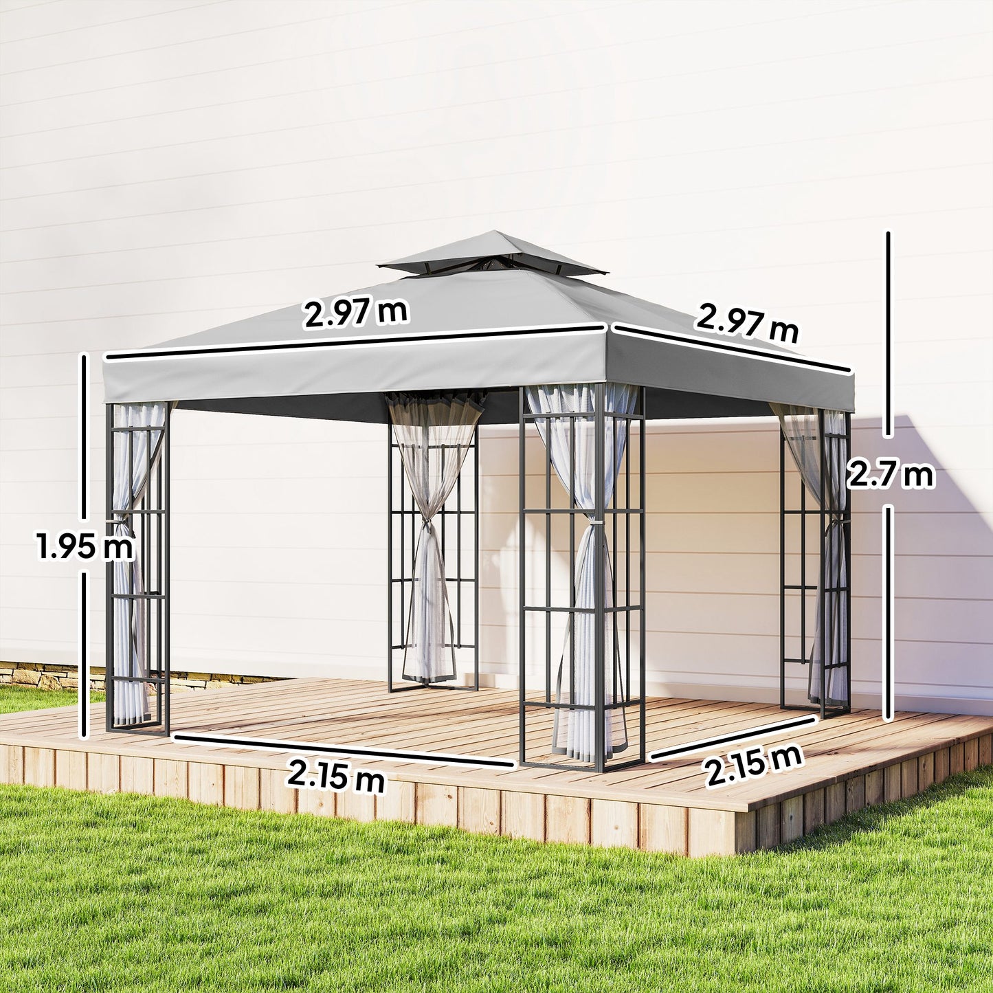 Outsunny 3 x 3(m) Patio Gazebo Canopy Garden Pavilion Tent Shelter with 2 Tier Roof and Mosquito Netting, Light Grey