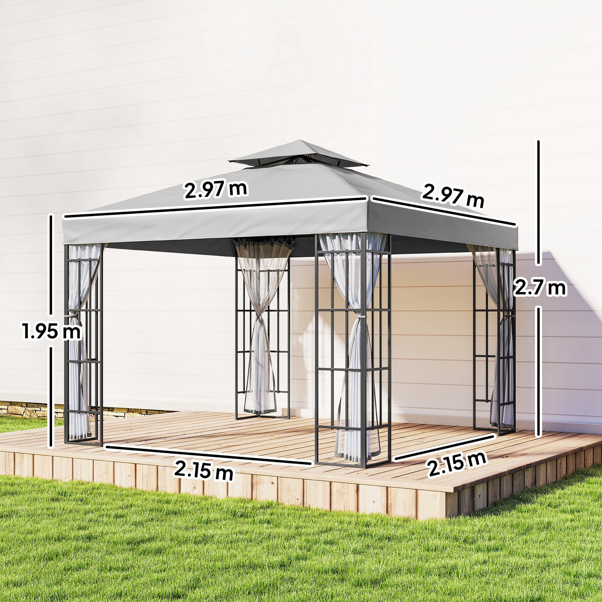 Outsunny 3 x 3(m) Patio Gazebo Canopy Garden Pavilion Tent Shelter with 2 Tier Roof and Mosquito Netting, Light Grey